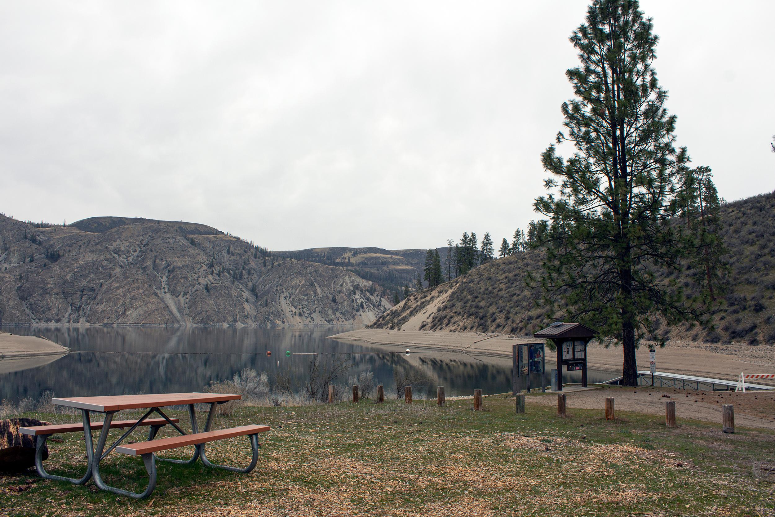 The boat launch at Jones Bay, information kiosk nearby.