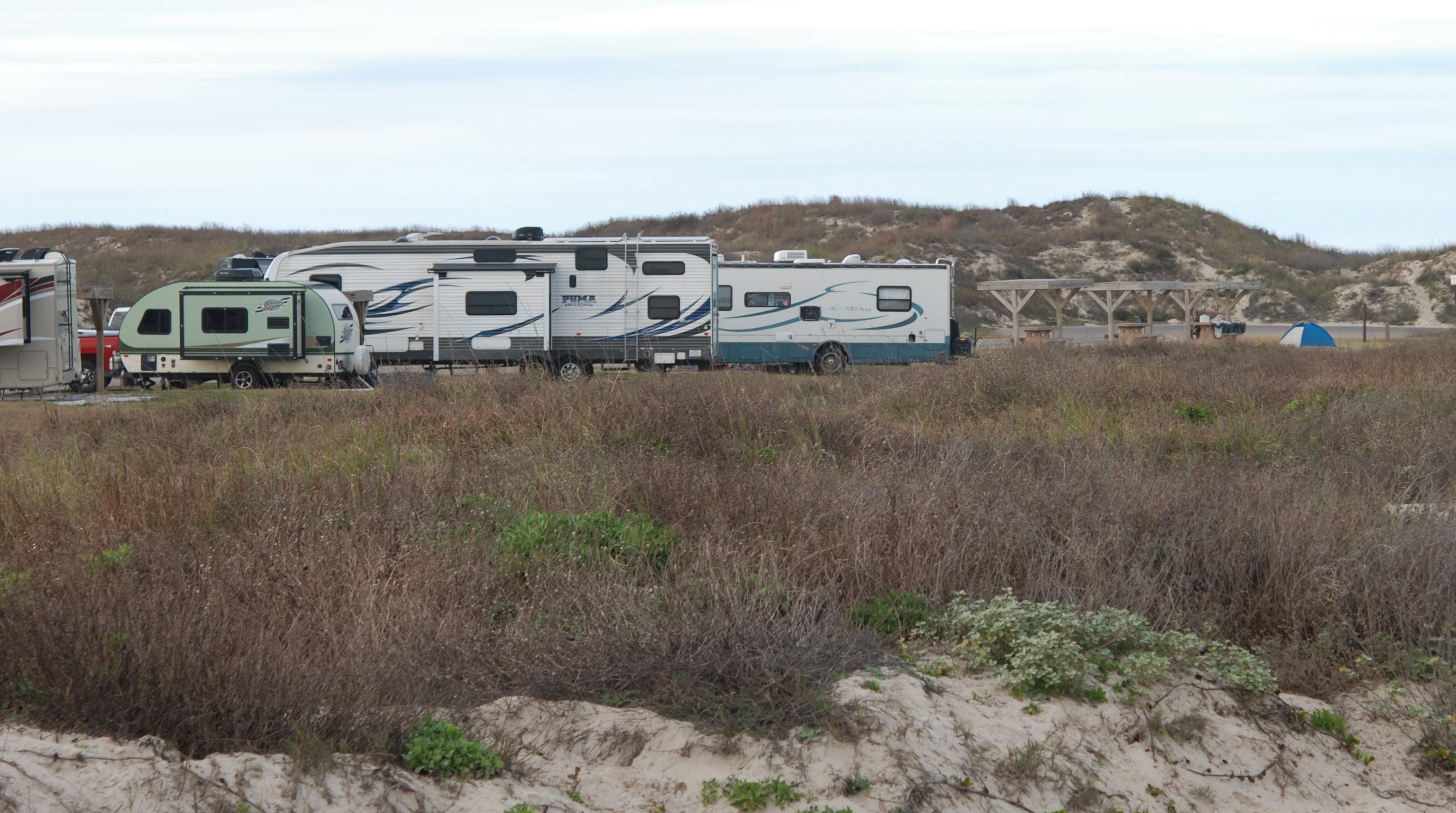 four camping trailers of different sizes are backed into sites next to a grass covered dune