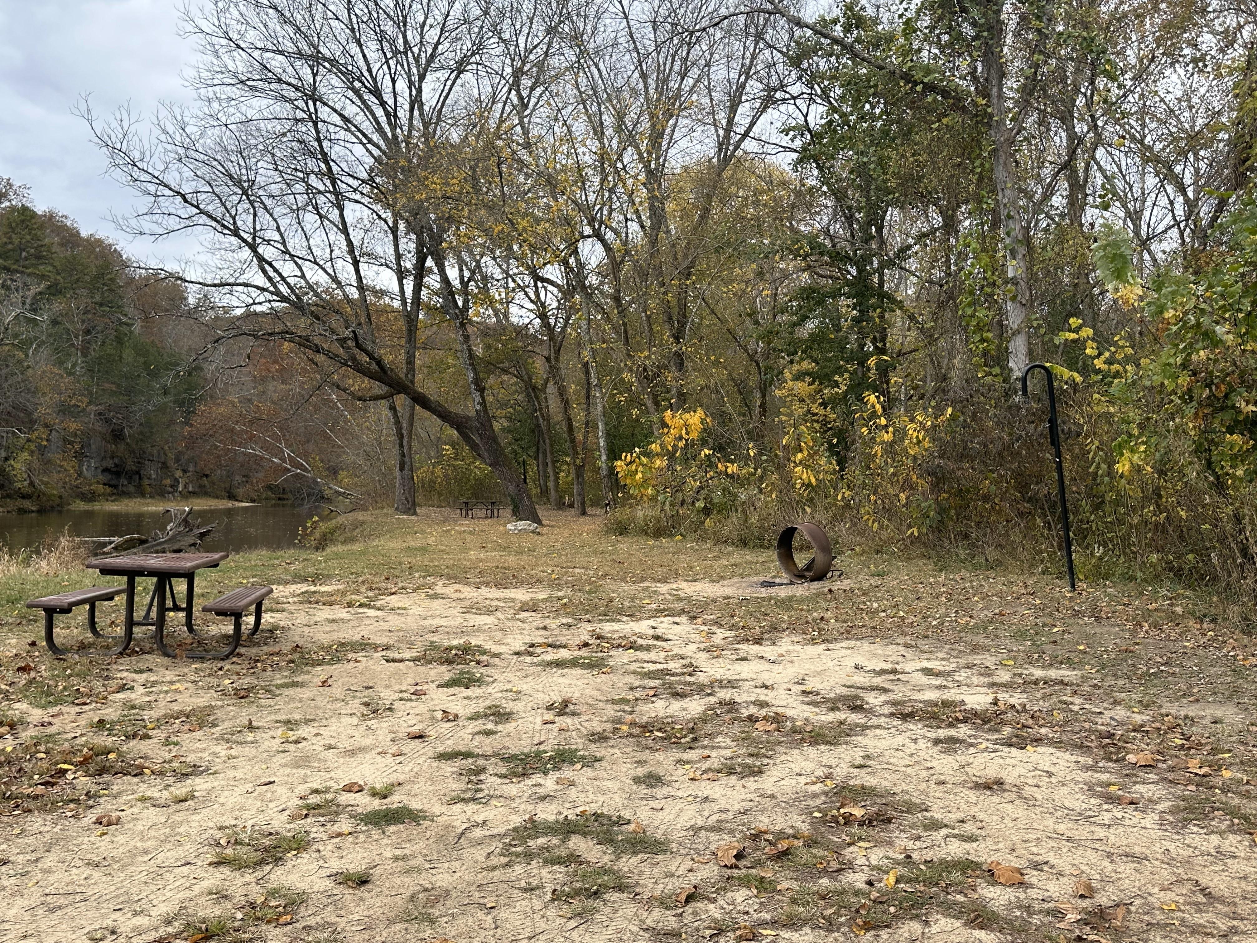 A campsite along the water's edge, with some grass.