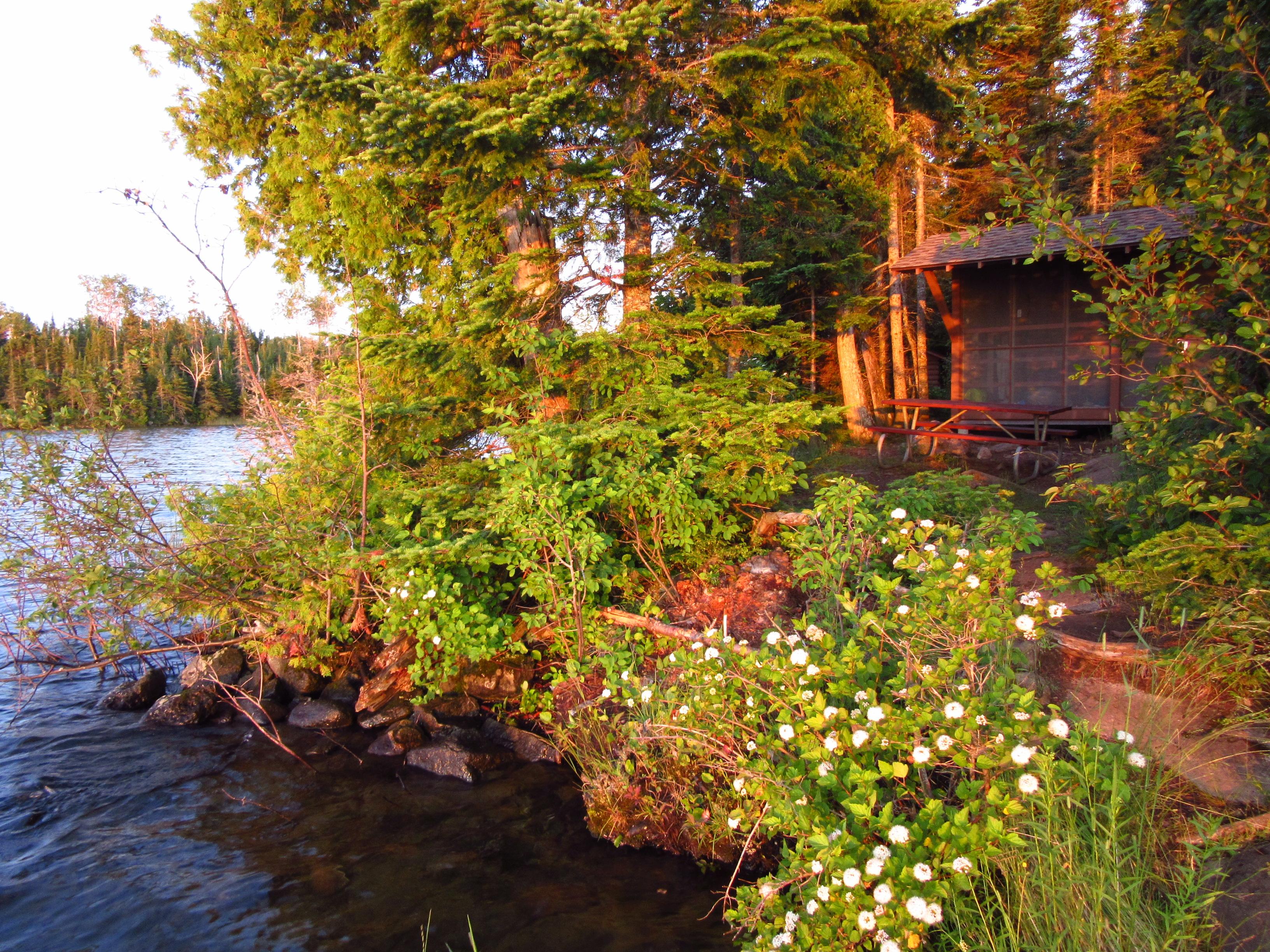 Campground shelter on the water's edge surrounded by trees.