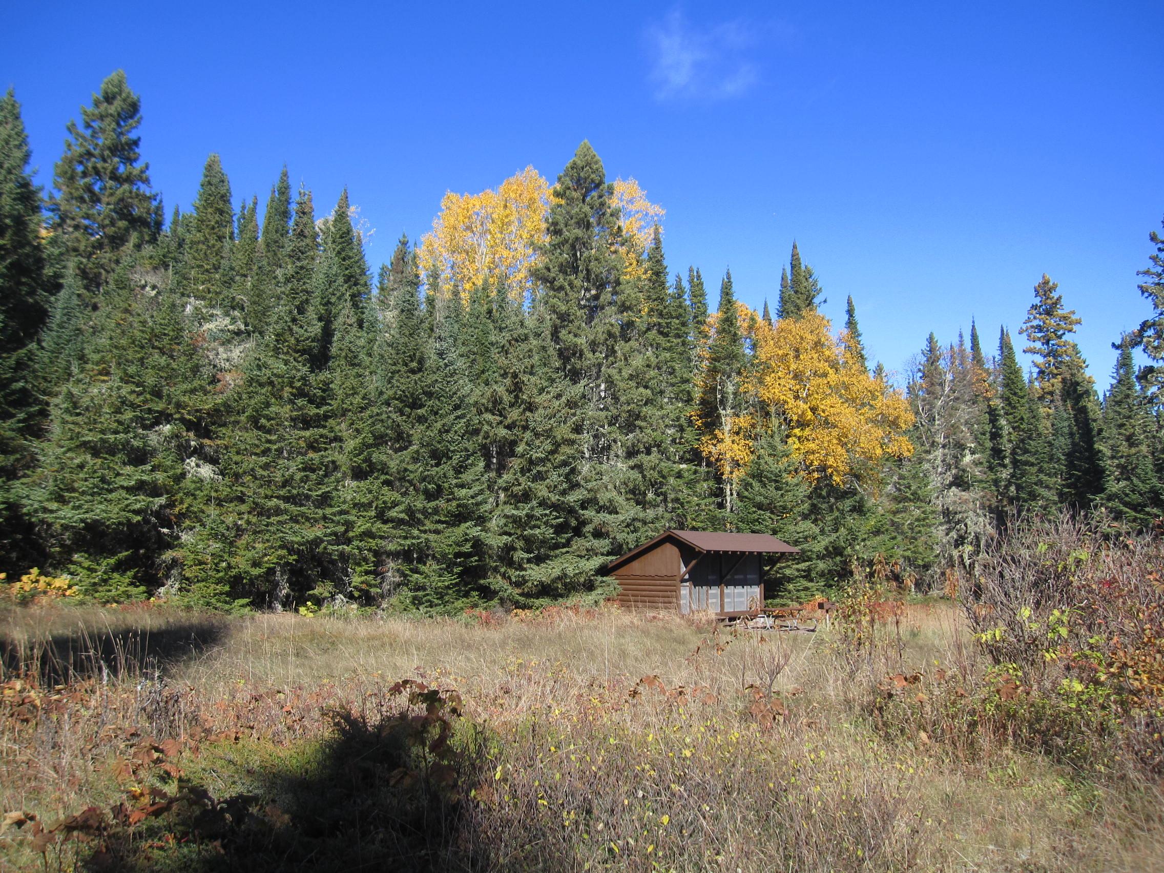 A shelter sits along trees across a field with a blue sky above