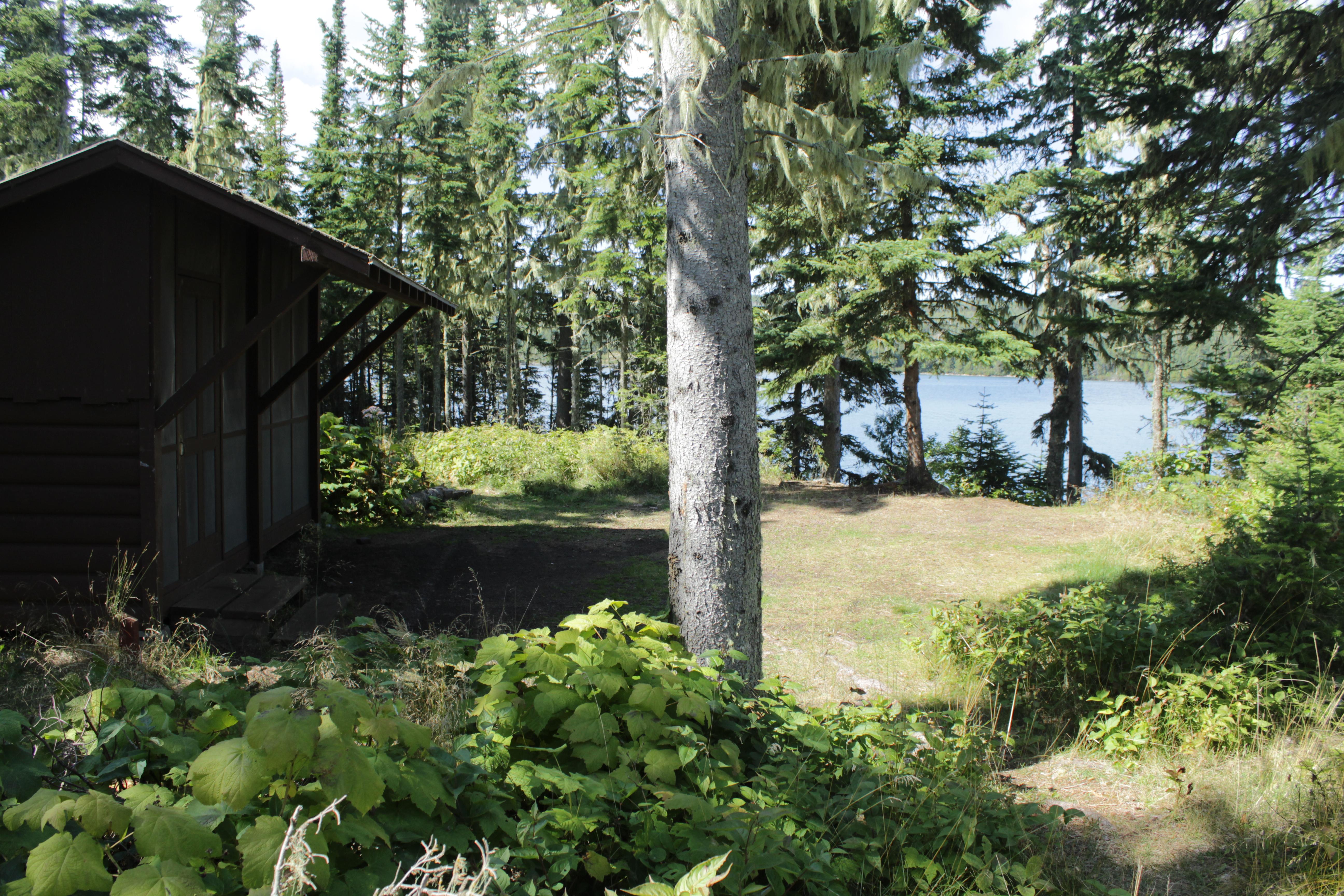 Rock Harbor Channel in the distance through trees with a shelter on the left side.