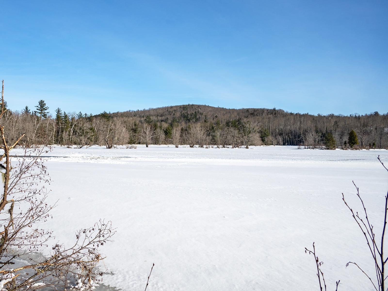 The foreground is a frozen and snowy pond. Background is a short mountain and clear blue skies.