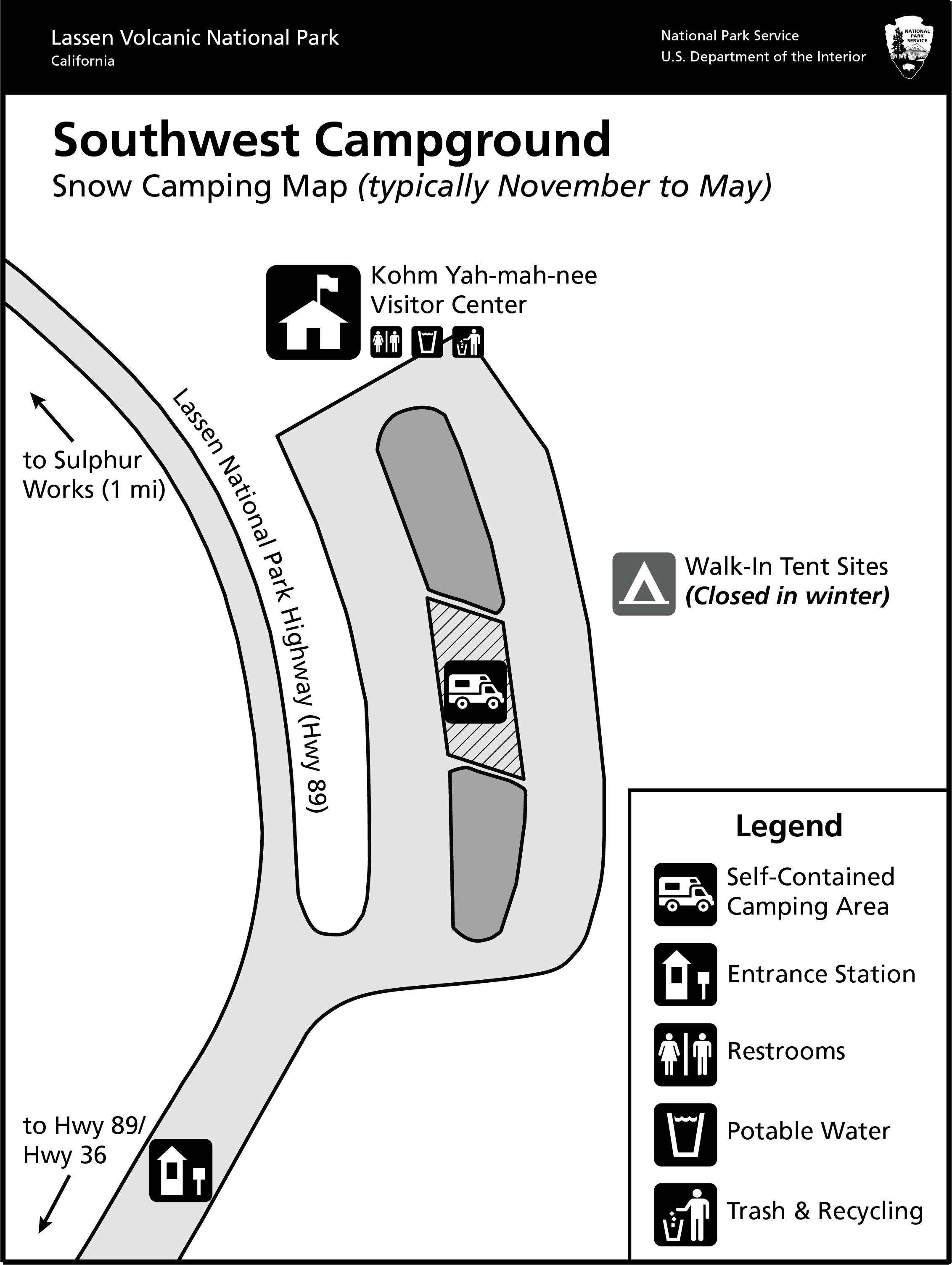 map depicting designated area for self-contained camping in the visitor center parking lot.