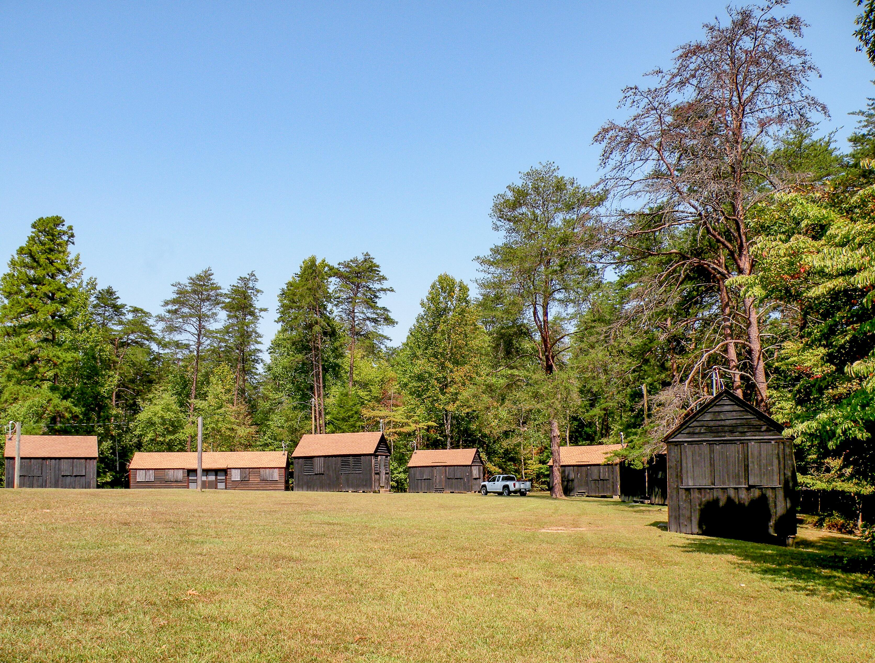 Dark brown wooden cabins with orange roofs stand in a row. Tall green trees are behind them.