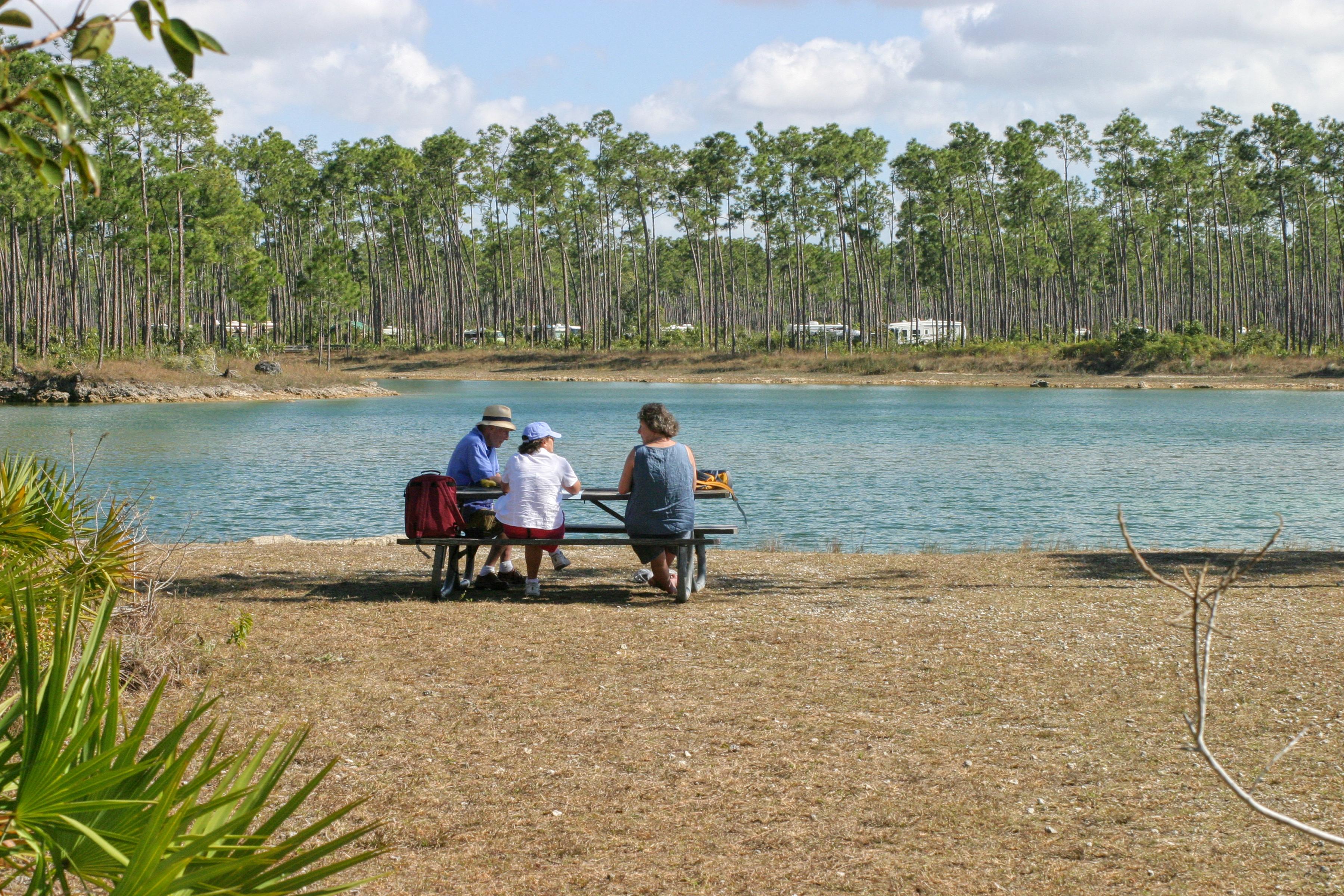 A group of three people sit at a picnic table by a pond surrounded by pine trees.