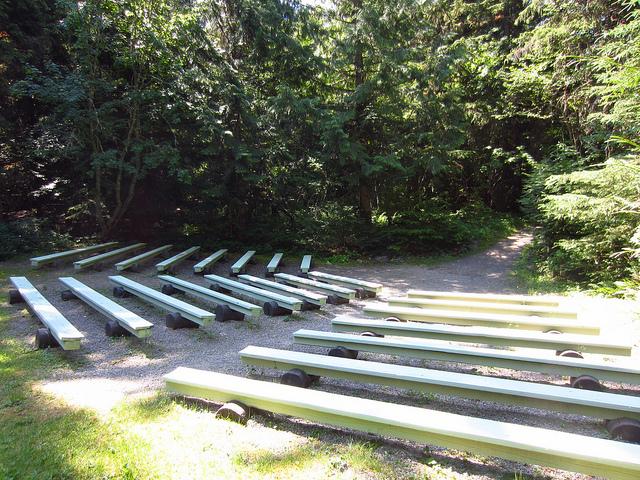rows of wooden benches on gravel by trees