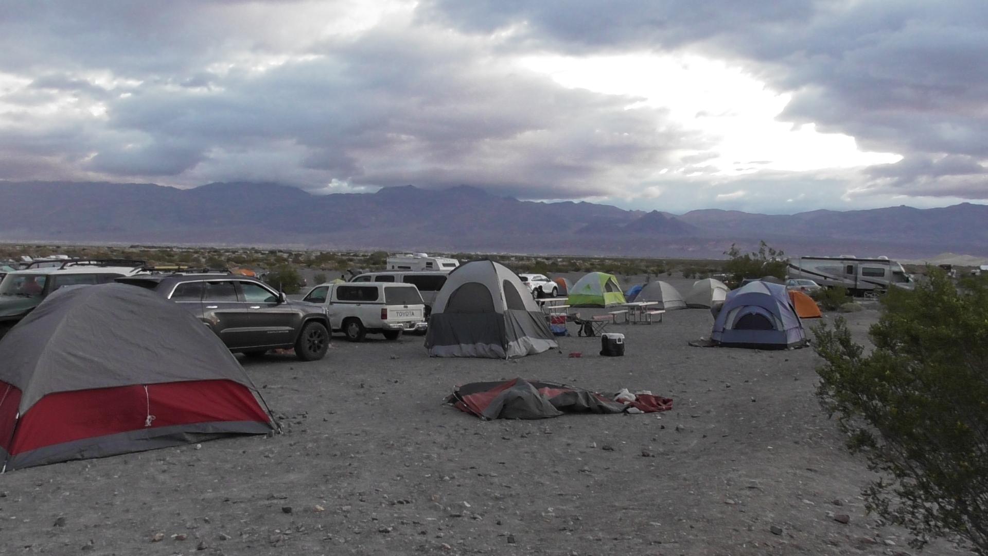 At least 8 tents line up on a gravel surface surrounded by cars.