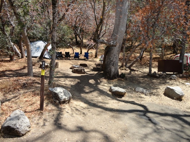 Four camping chairs next to a tent at a wooded campsite