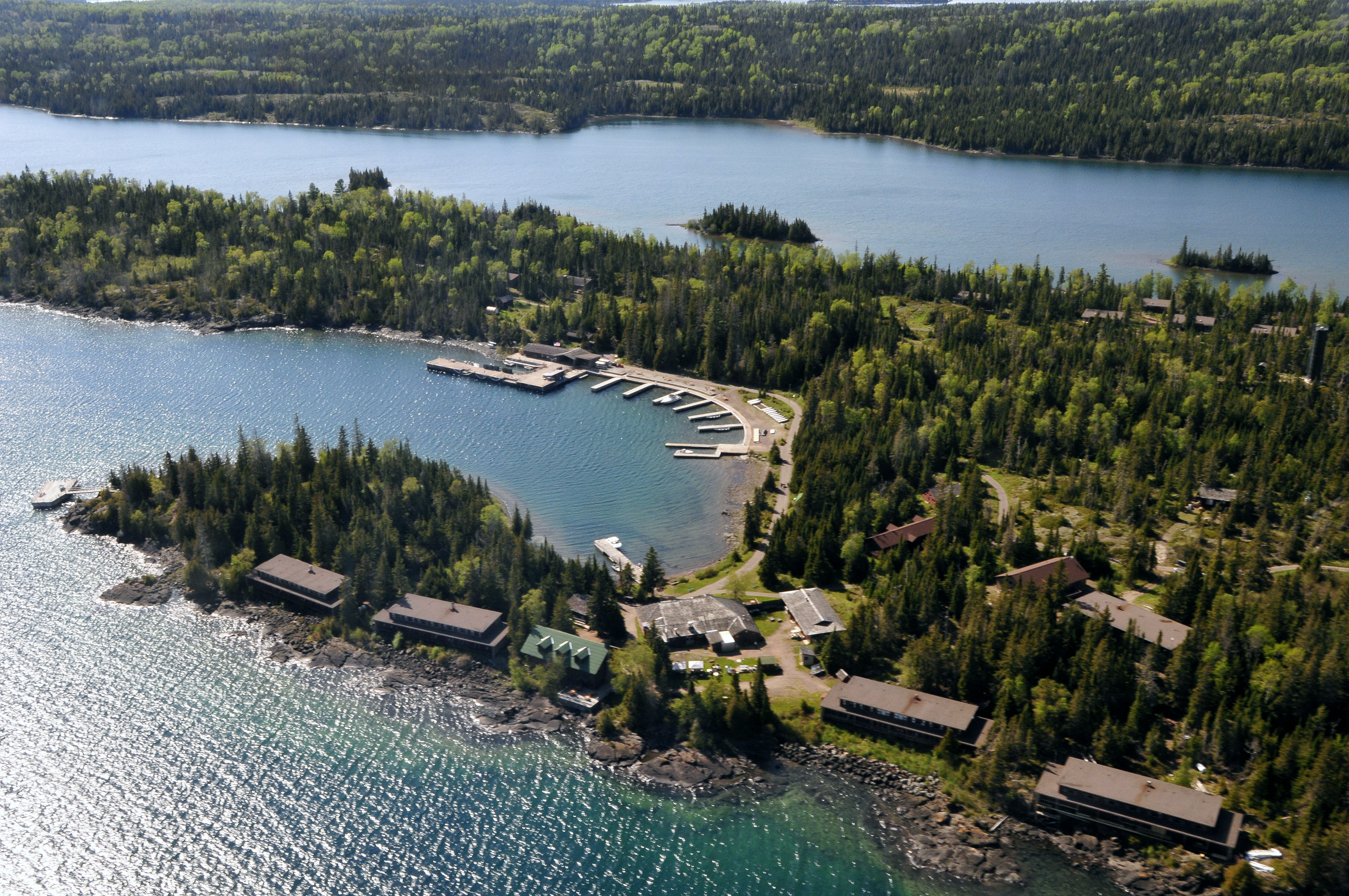Aerial view of Rock Harbor and the Rock Harbor Lodge complex.