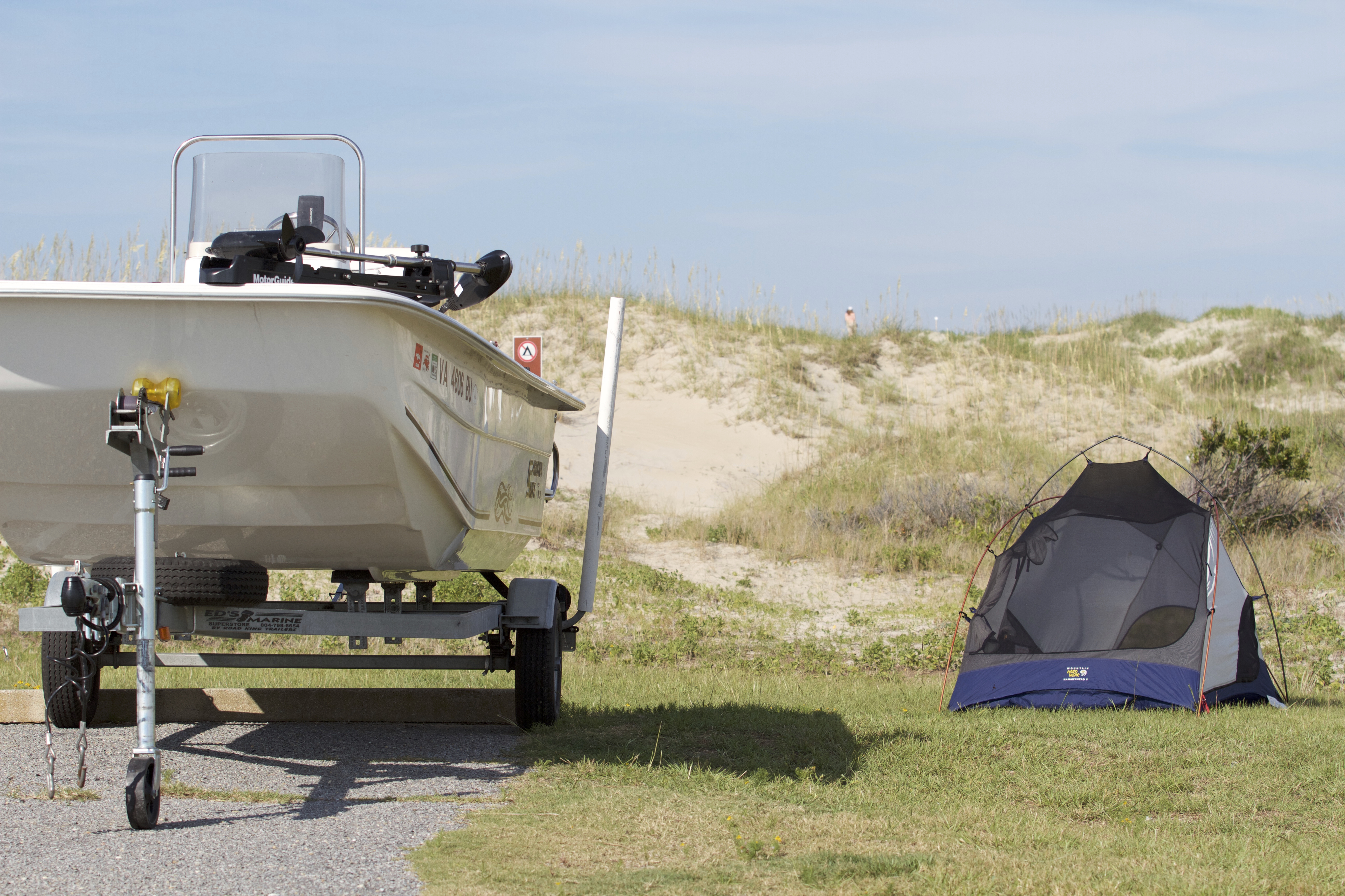 Tent and boat at an Oregon Inlet Campground camp site.