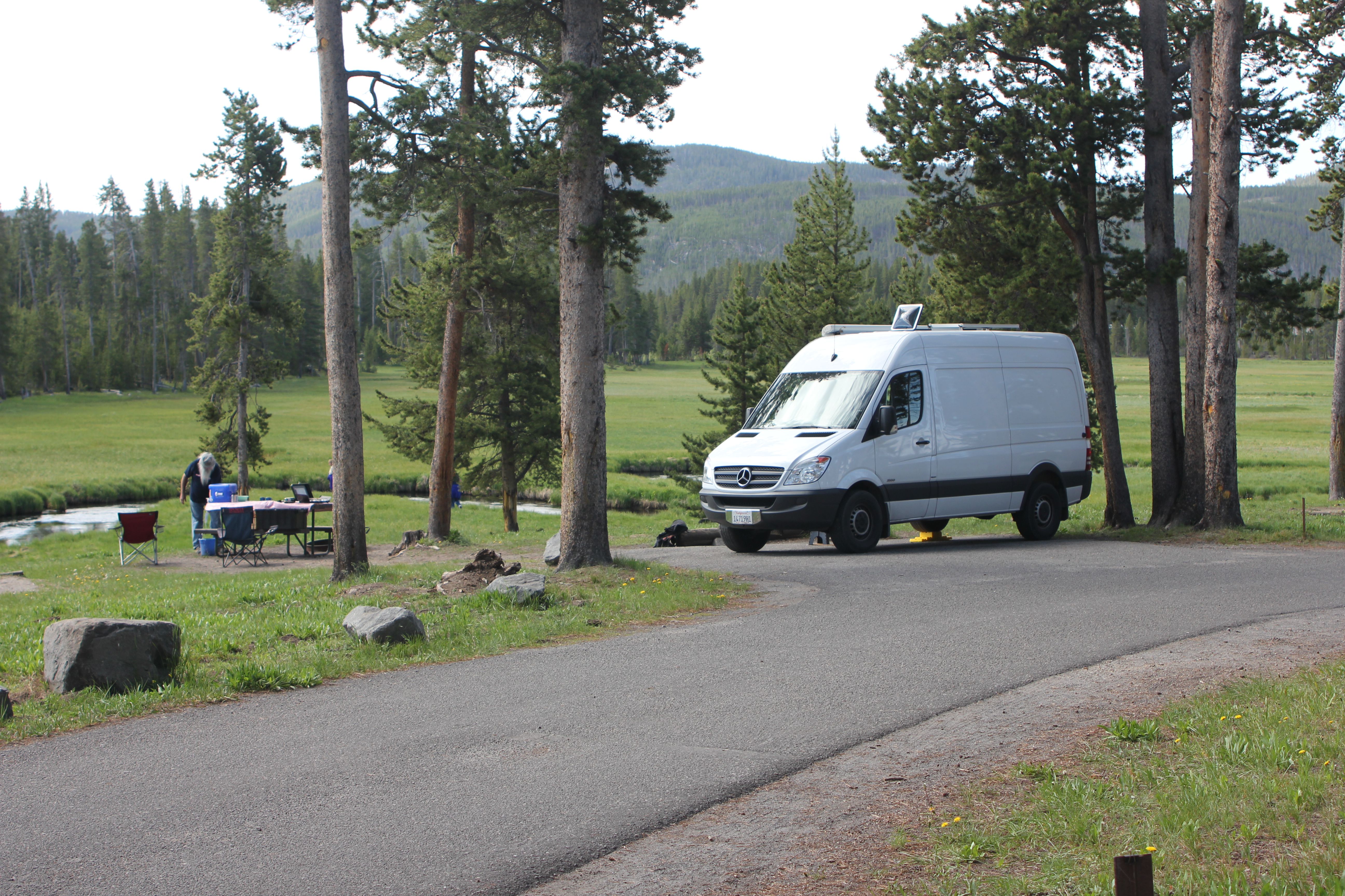 Small RV parked at a campground
