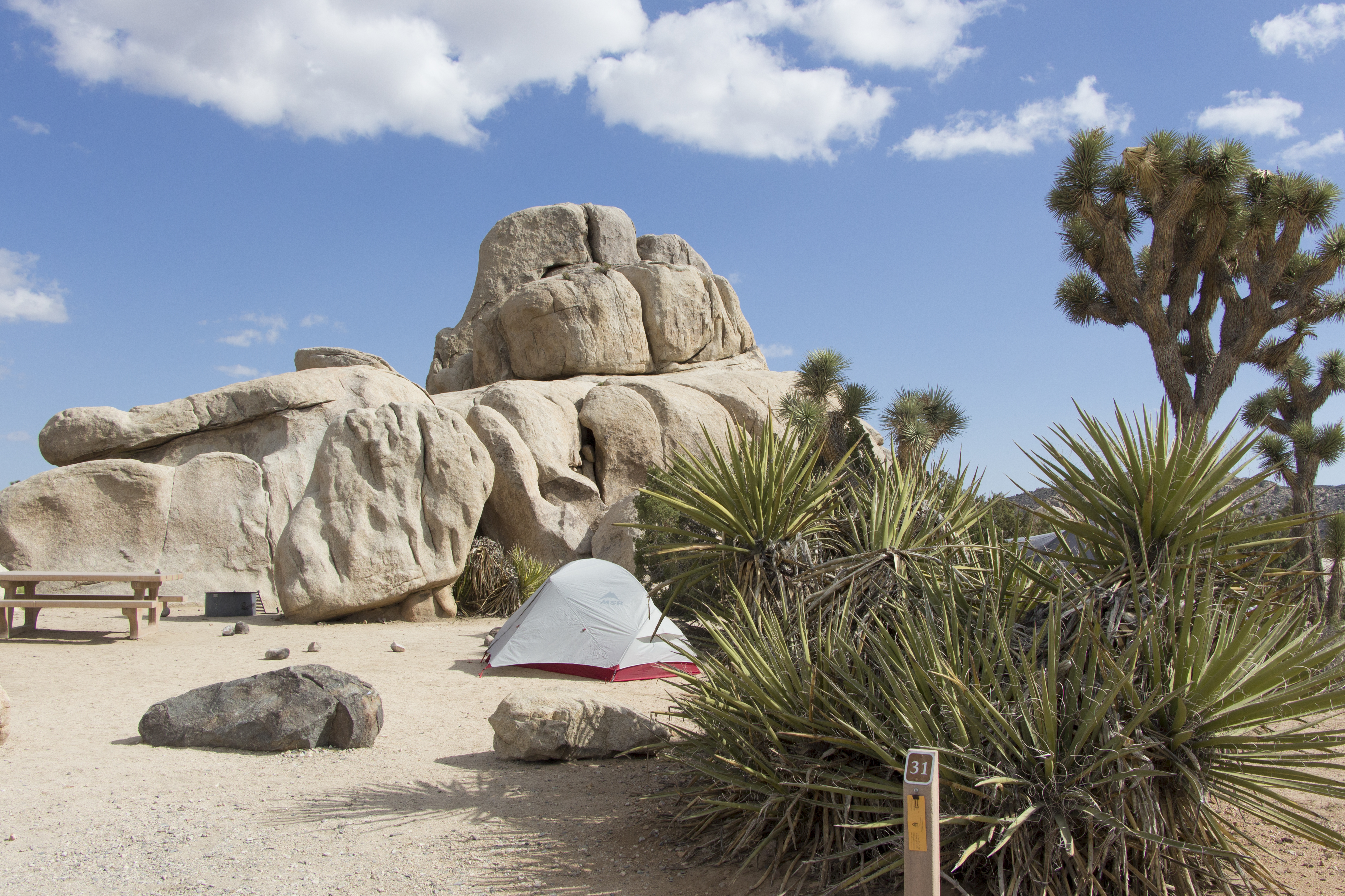 A tent and picnic table are surrounded by a large rock outcrop and vegetation.