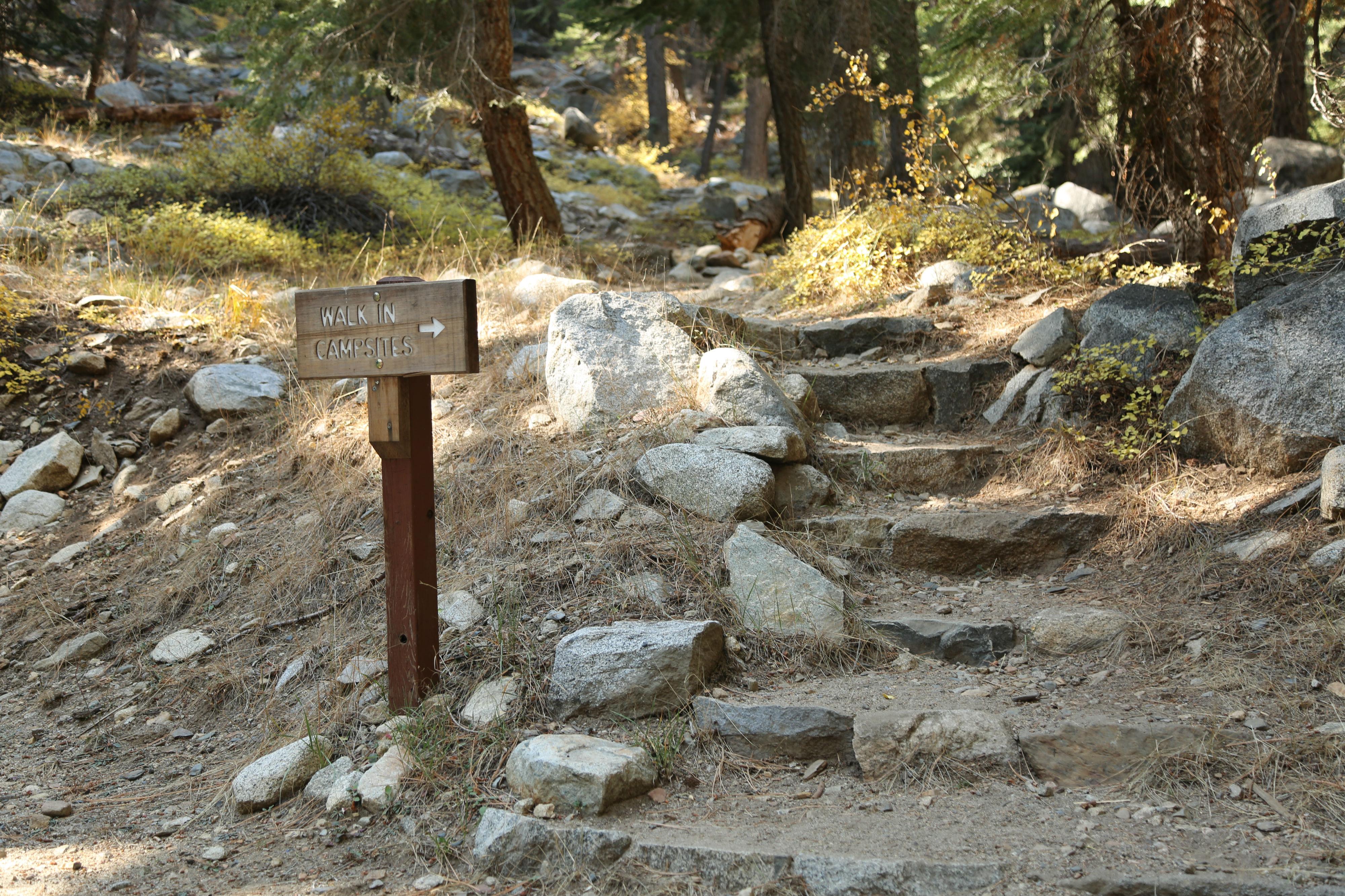 A rustic sign points to rocky steps