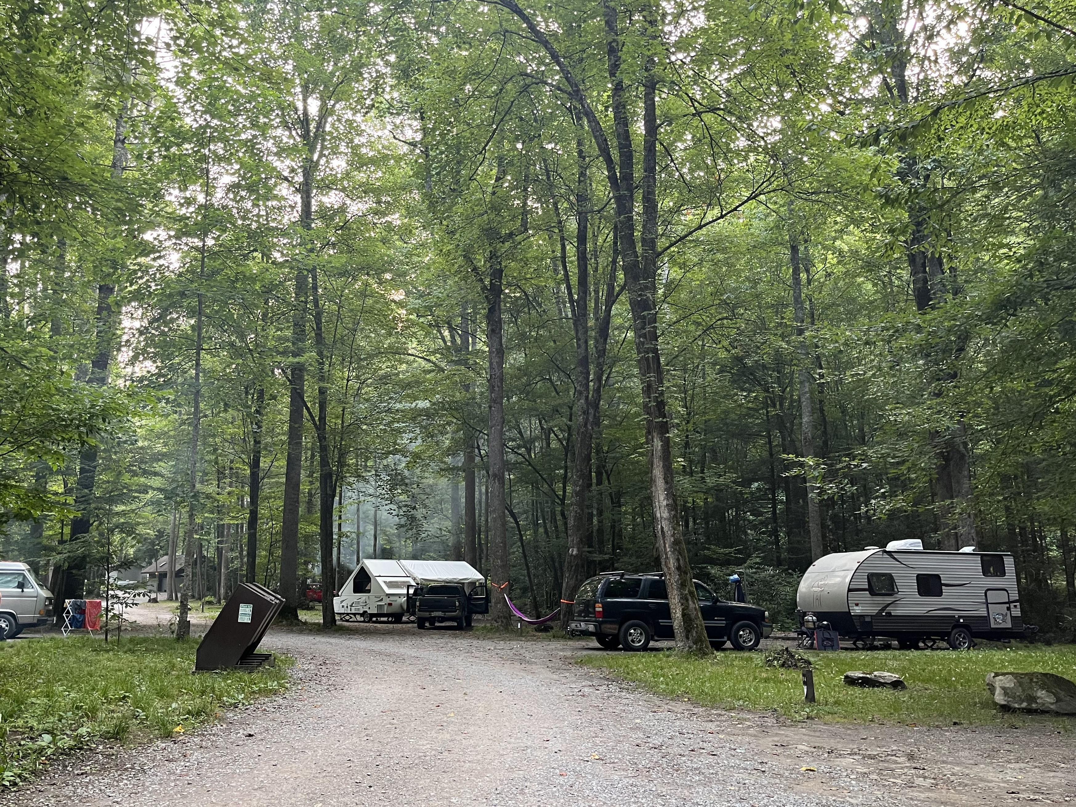 A white RV near a black SUV, a white popup camper, and trash cans in a campground with trees.