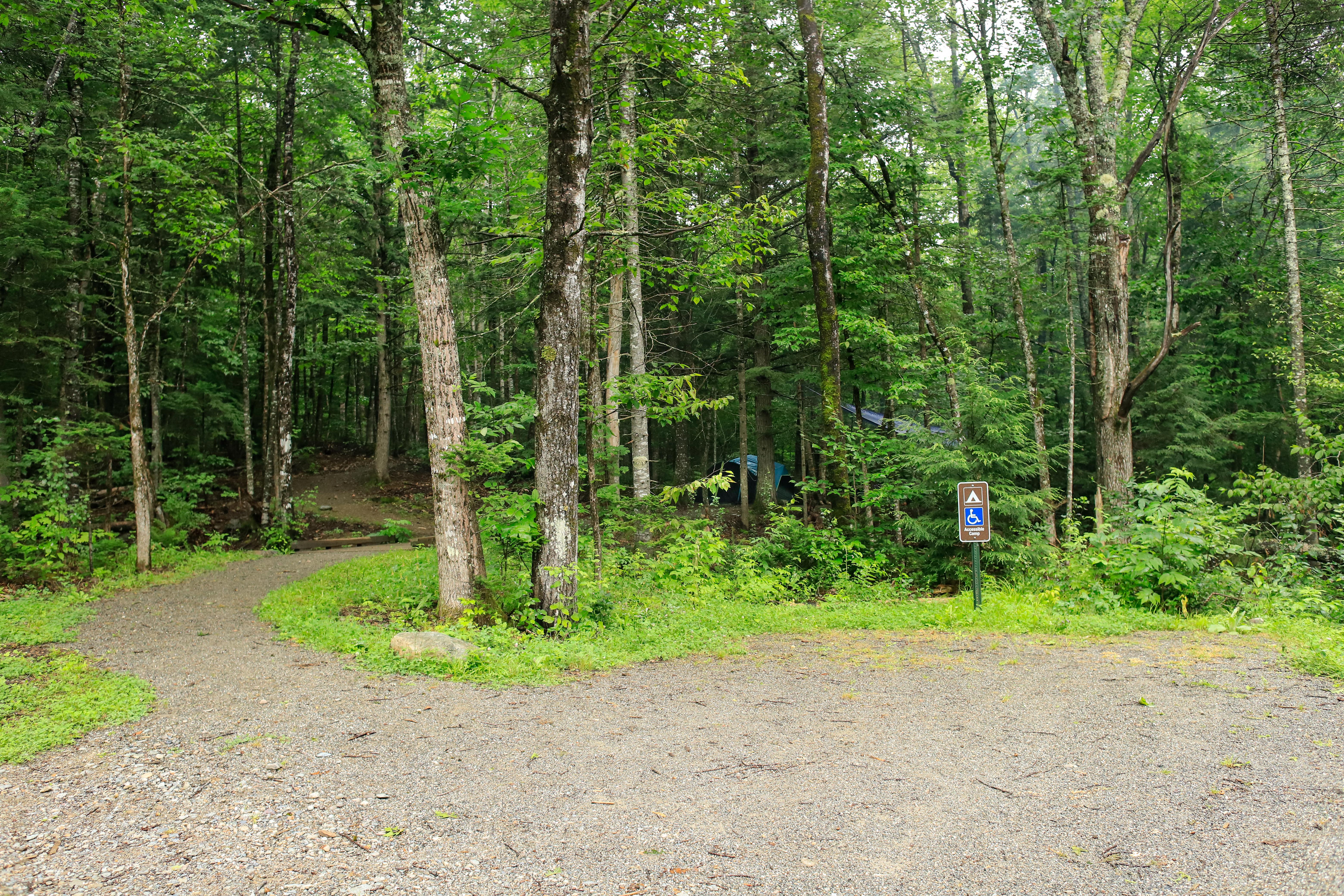 A flat gravel parking area with a handicap sign, to the right a path leads into the woods