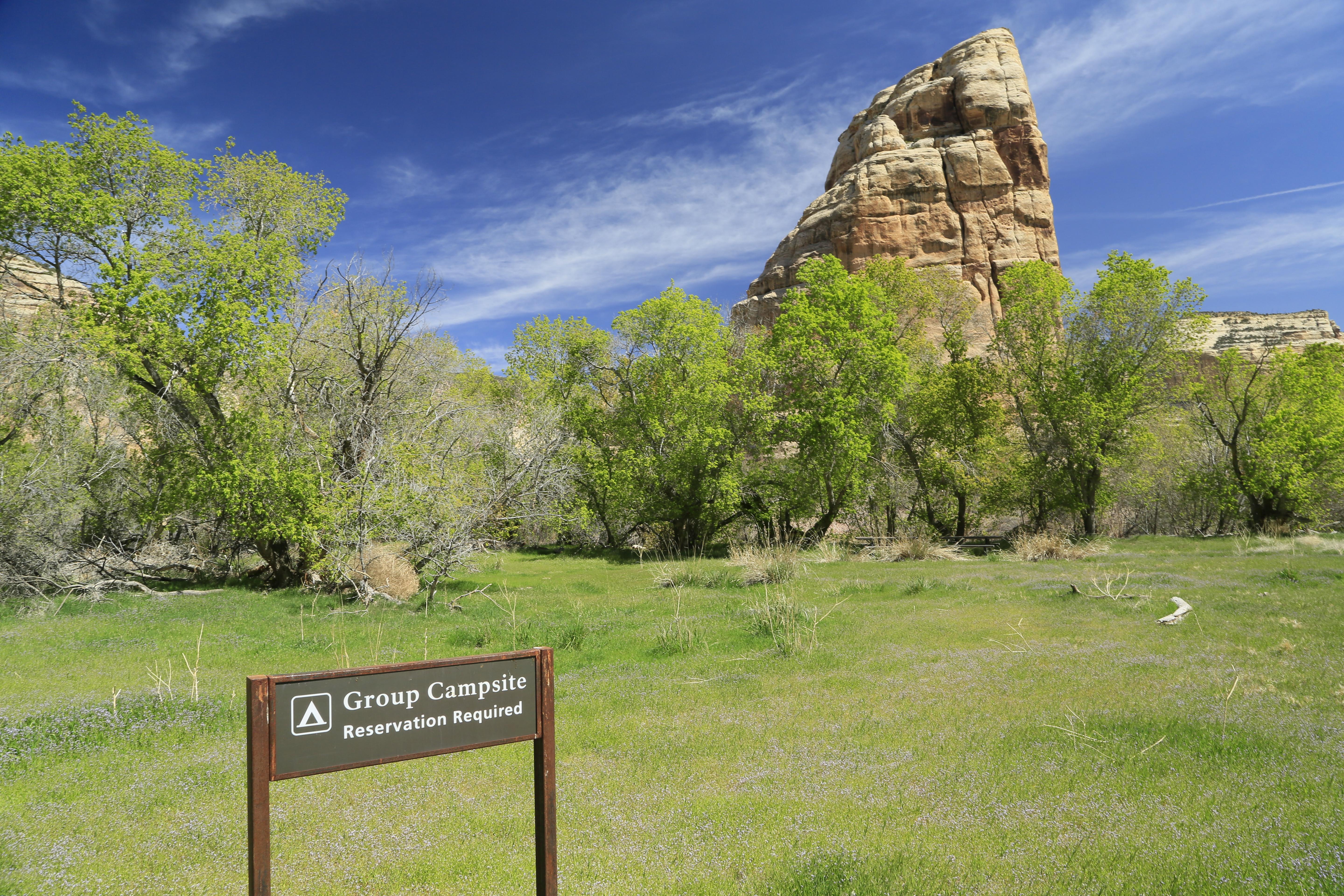 Brown and white sign with trees and rock spire in the background.