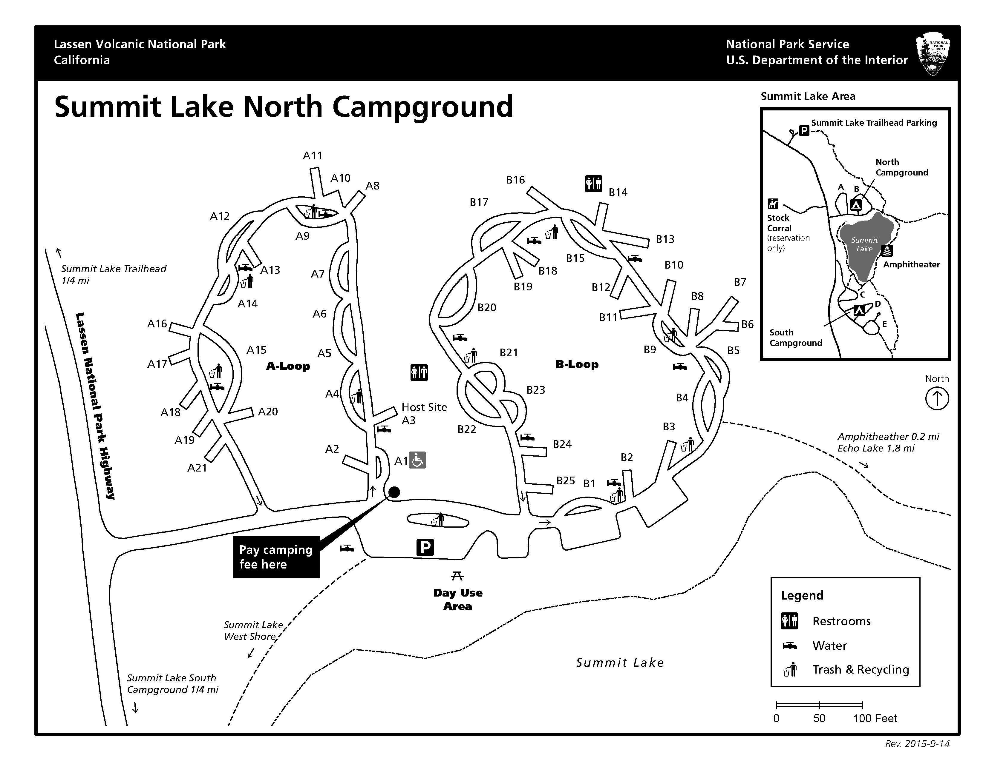 A map of a campground with two side-by-side loops A and B and a day use area on the shore of lake.
