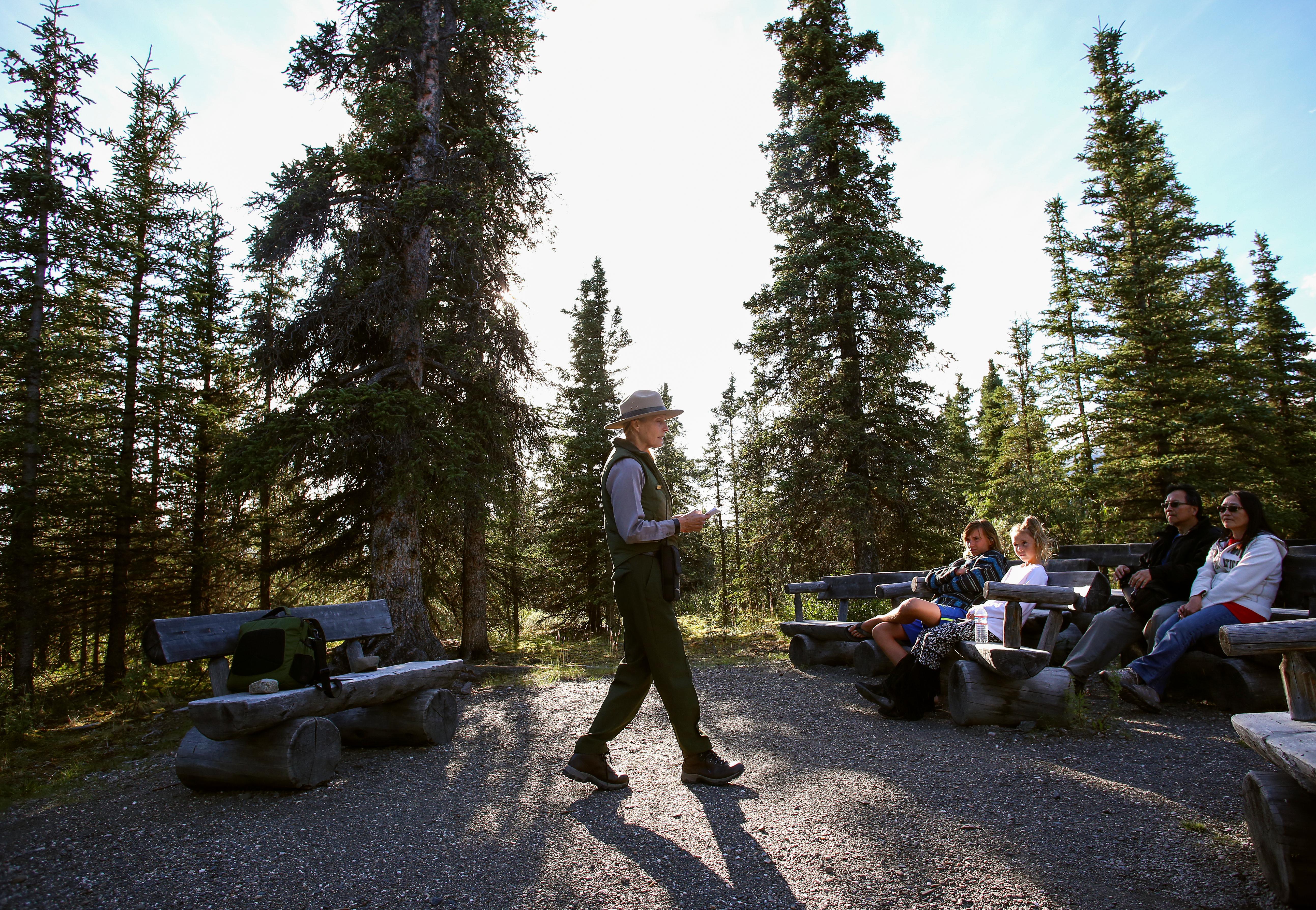 a crowd of people sitting on wood benches in a forest listen to a park ranger speaking