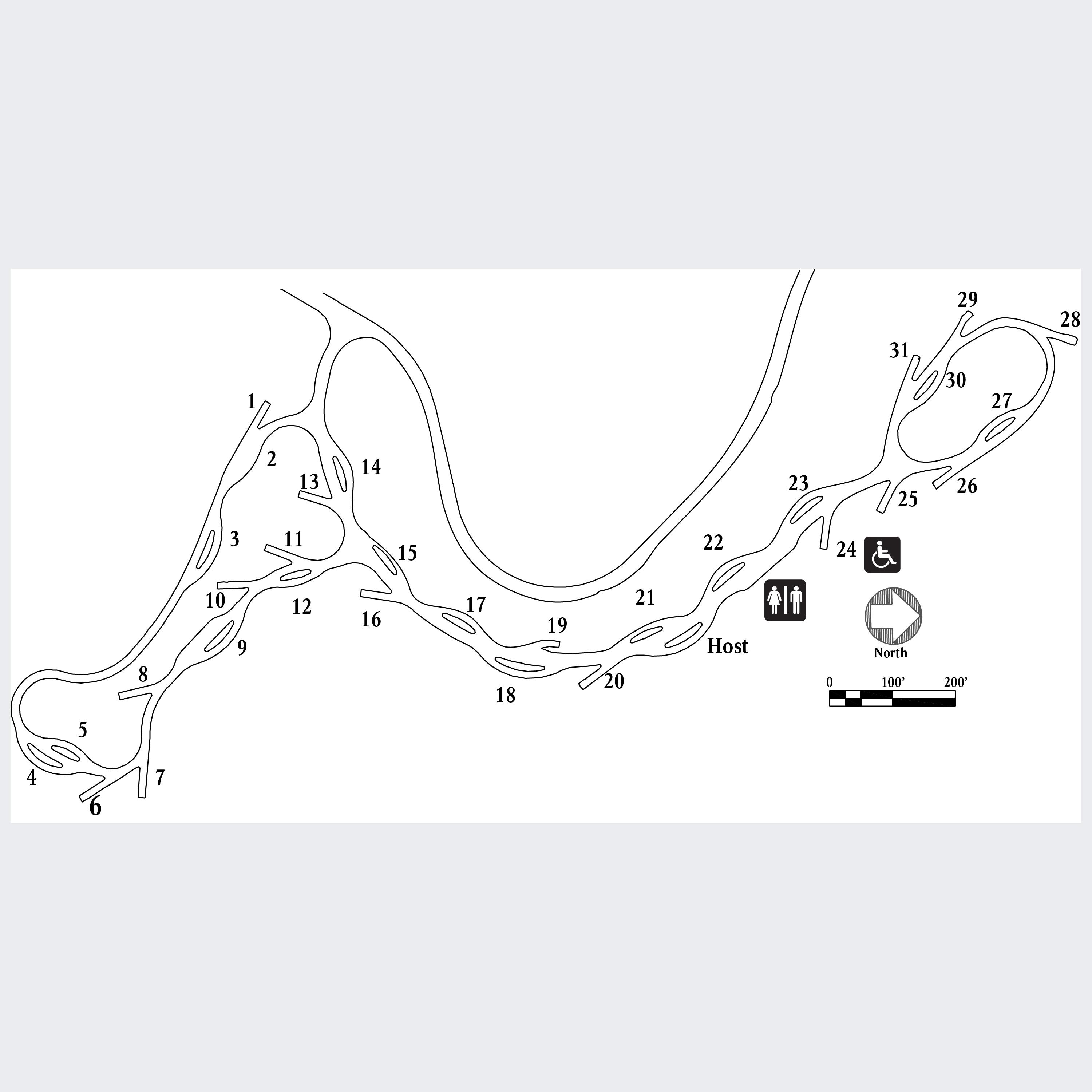 A line drawing showing the location and numbers of campsites