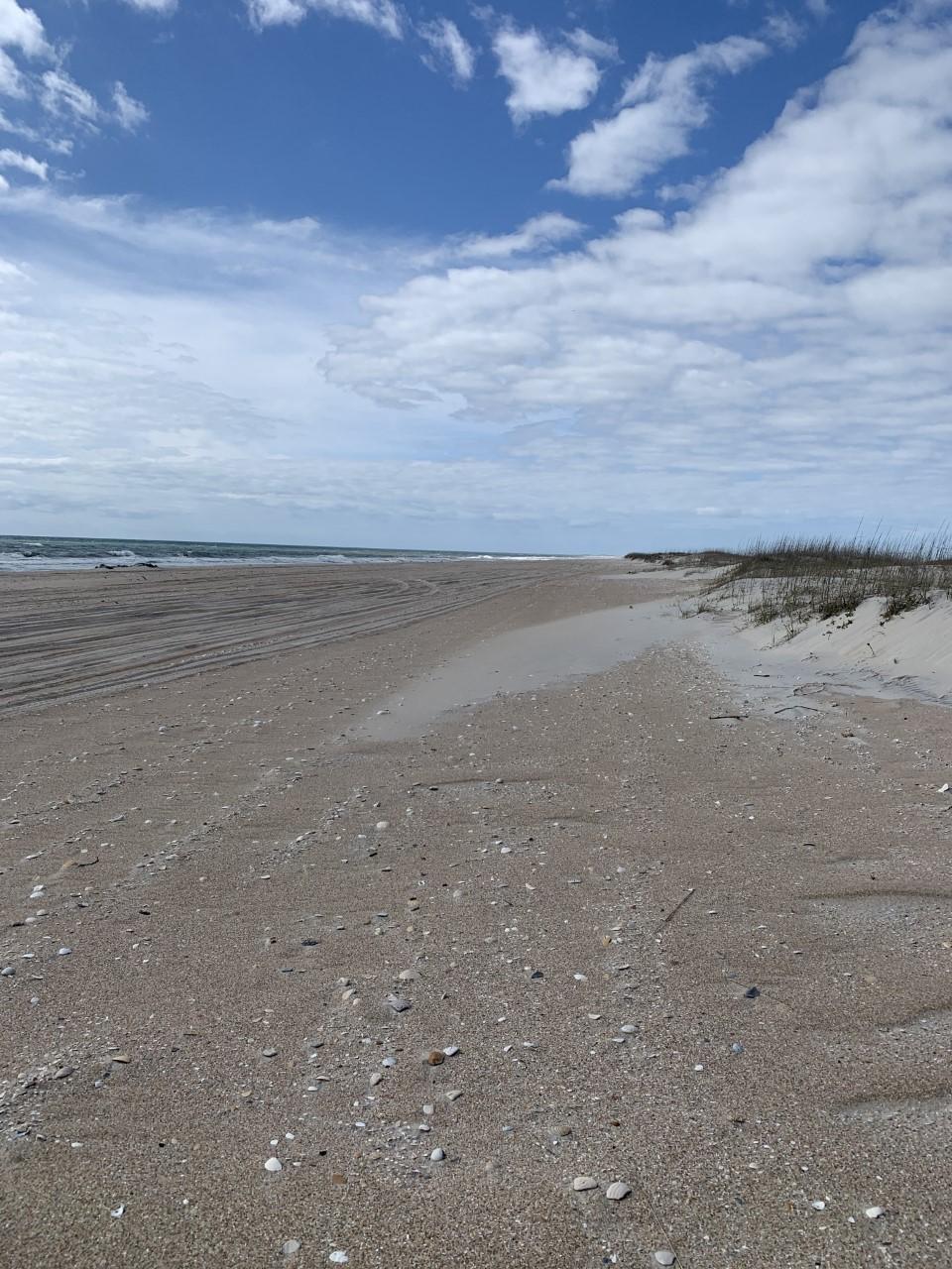 wide beach with dunes on right and ocean waves on left
