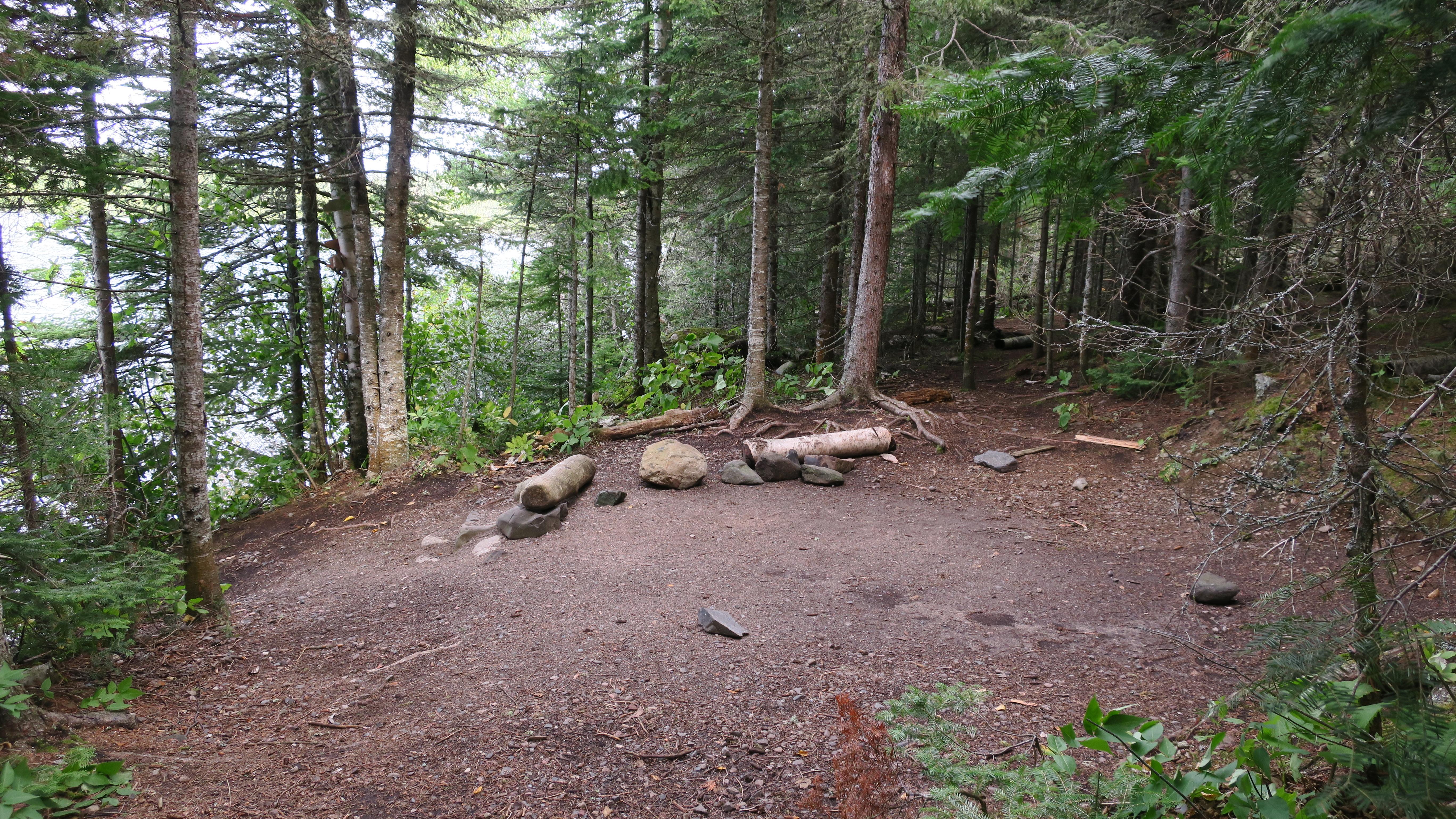 An empty campsite ringed by trees along Lake Superior.