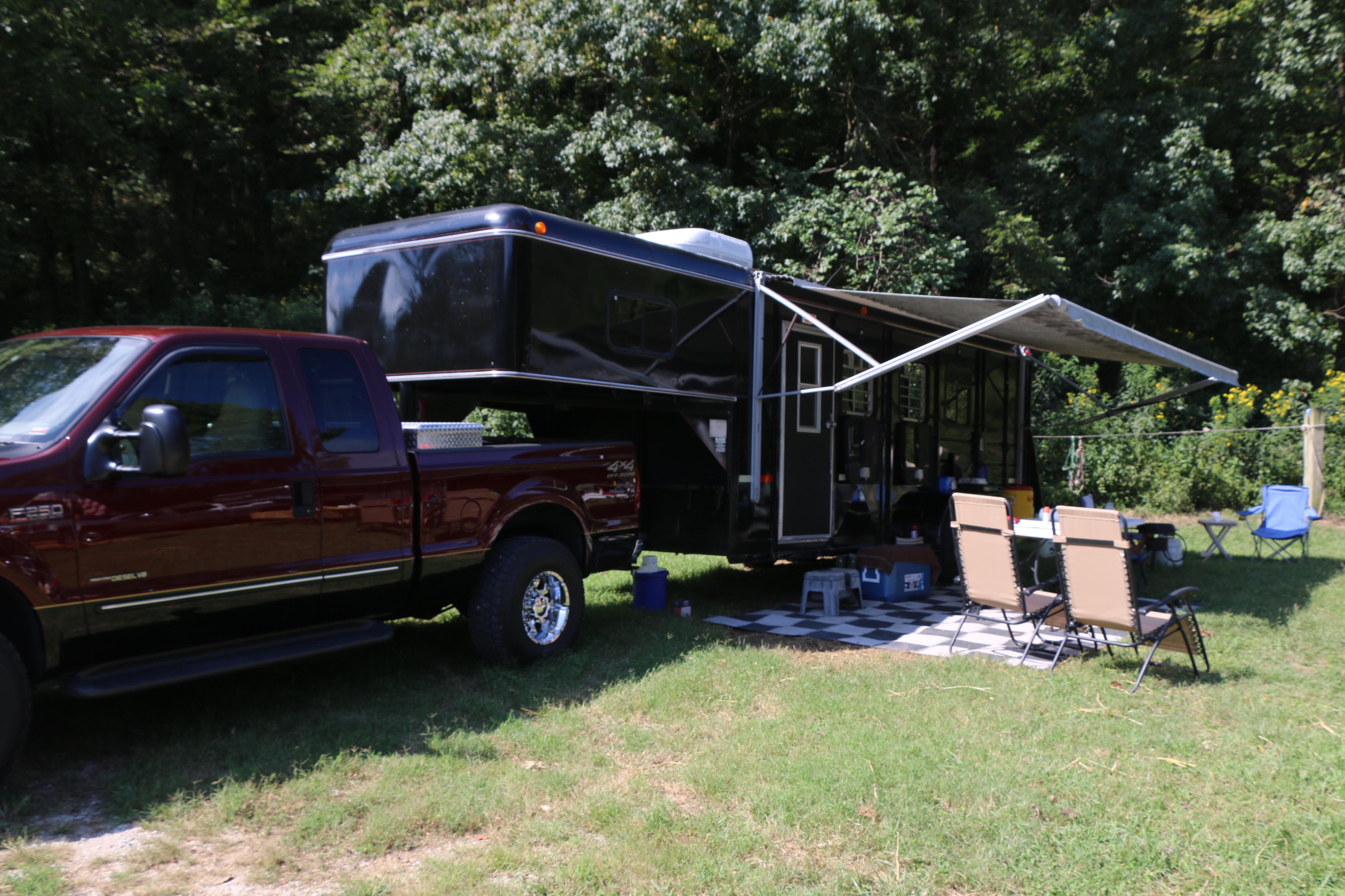 Truck and horse trailer in a camp site at Steel Creek.