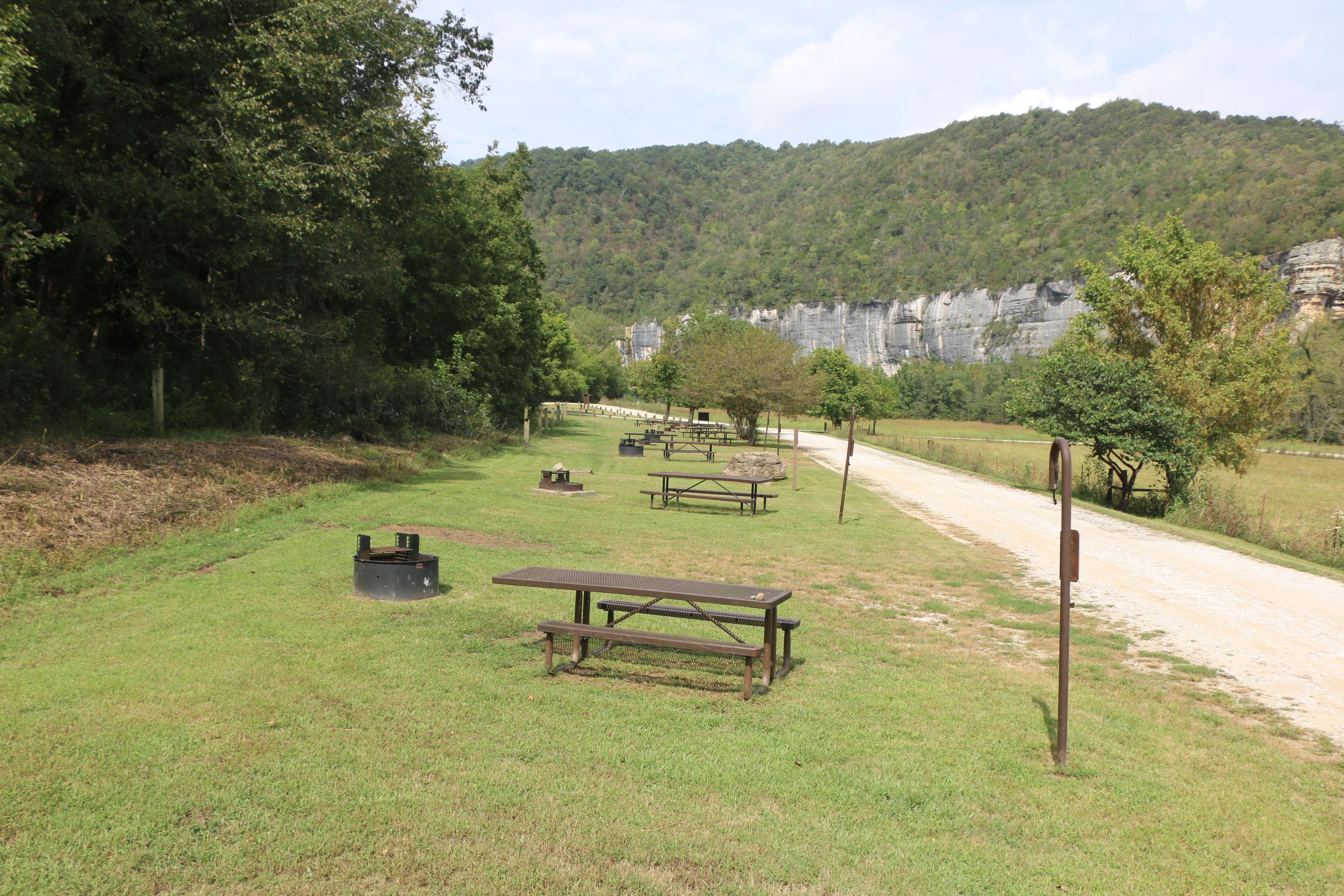 Mowed lawn with several picnic tables and lantern posts marking each horse camp site.