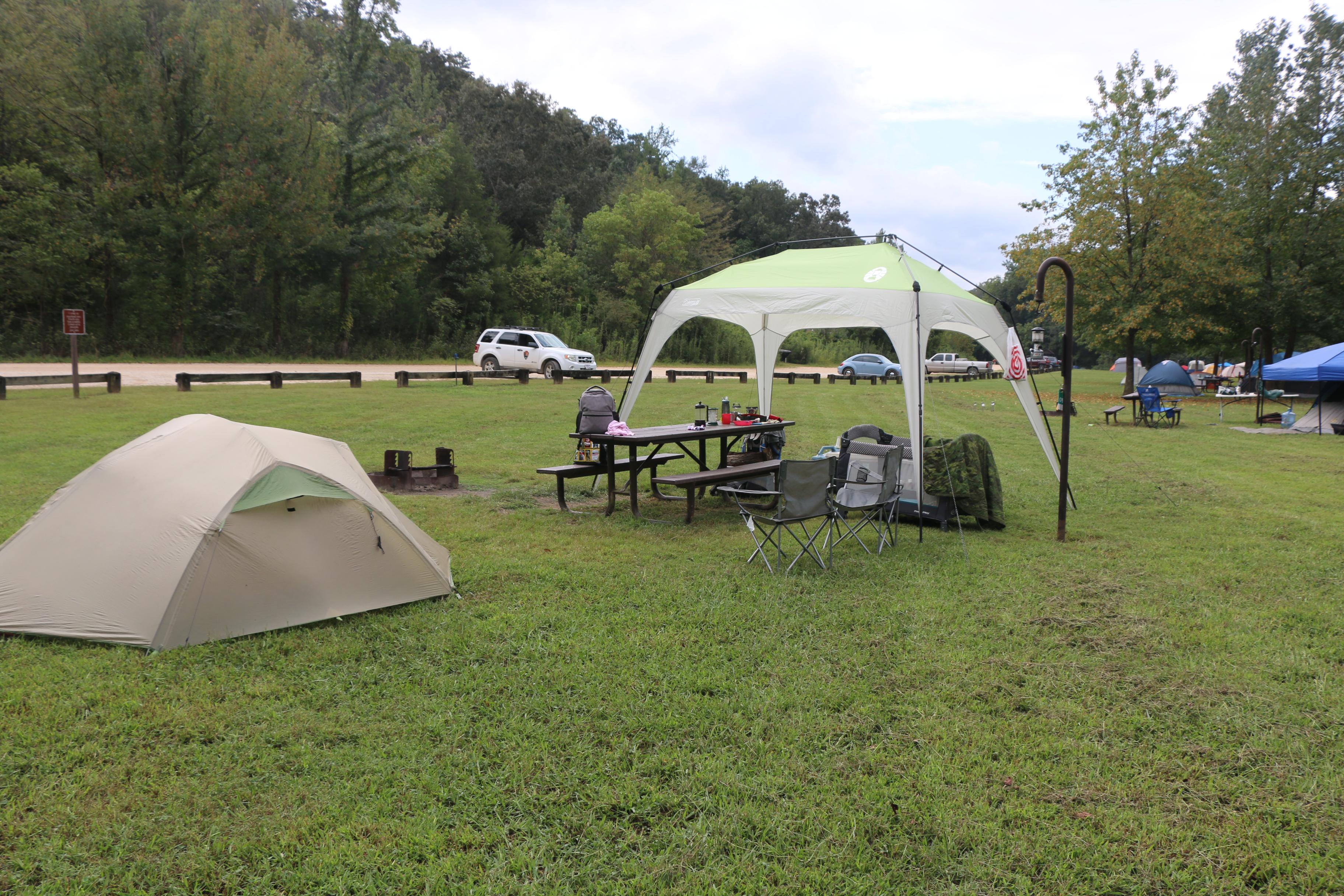A tent and a canopy set up in a grassy site at Steel Creek Campground.