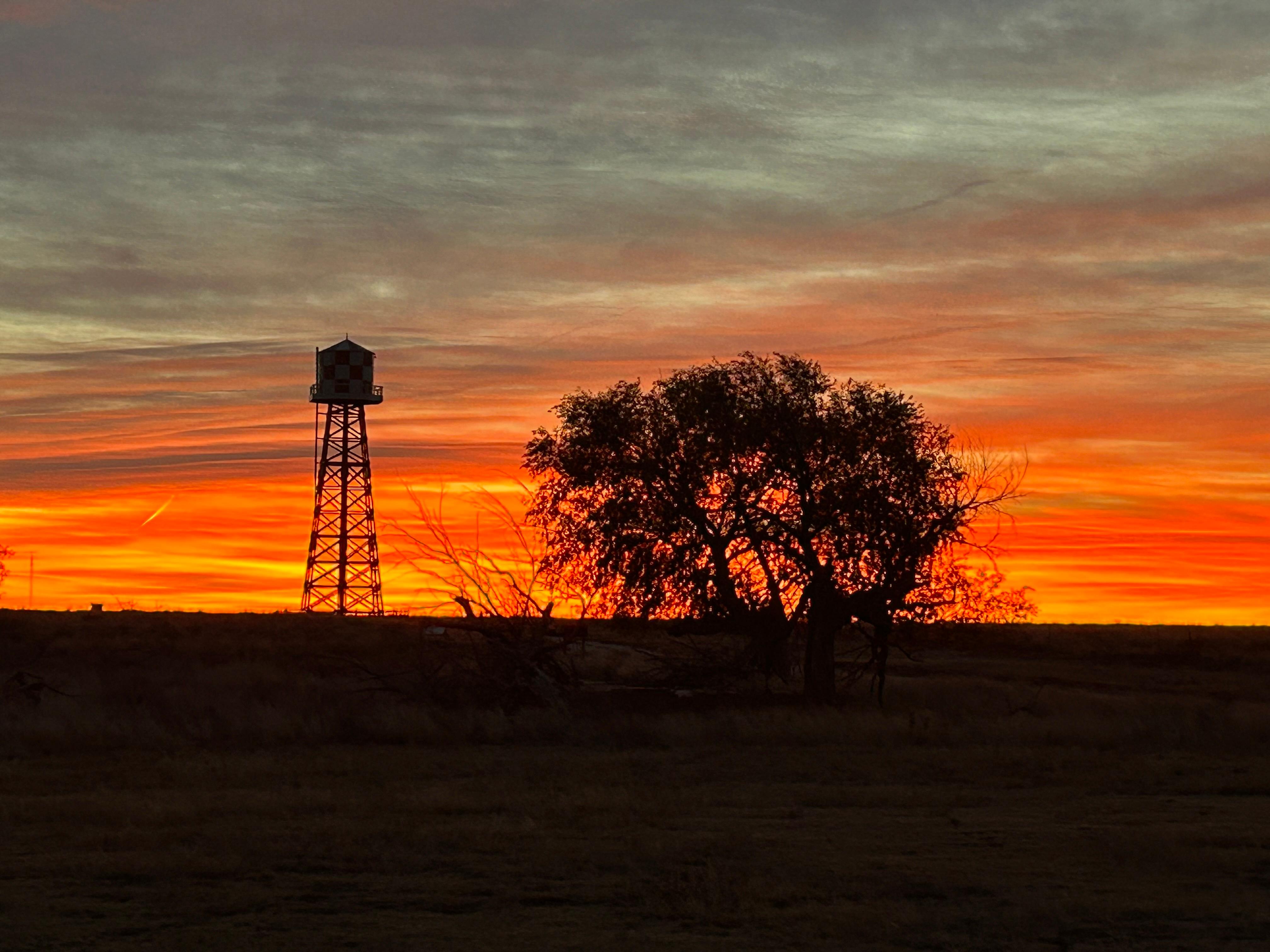 An orange sunrise silhouettes a water tower and tree