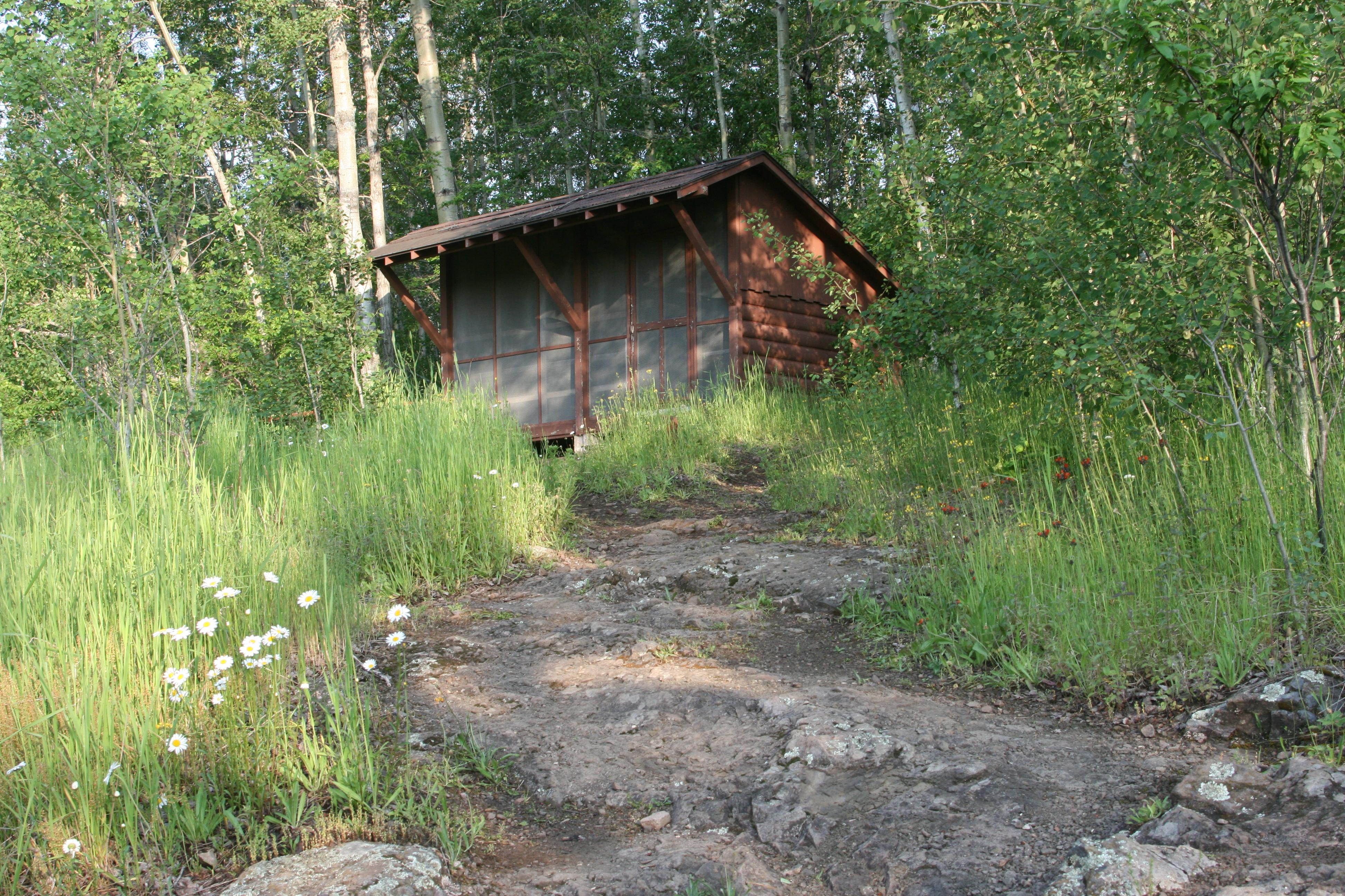 Rock trail leading to a shelter along the forest's edge.