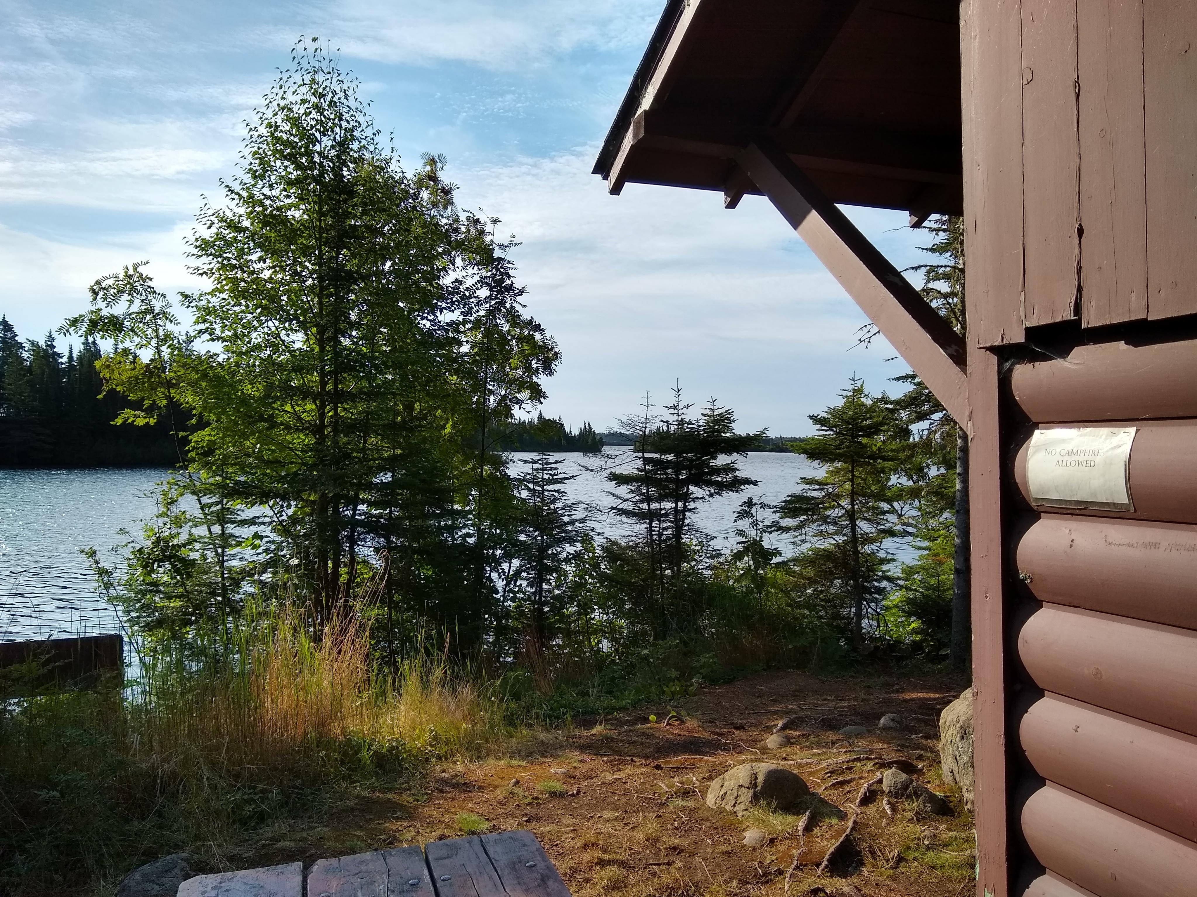 View of Merrit Lane on Lake Superior with the edge of the shelter visible.