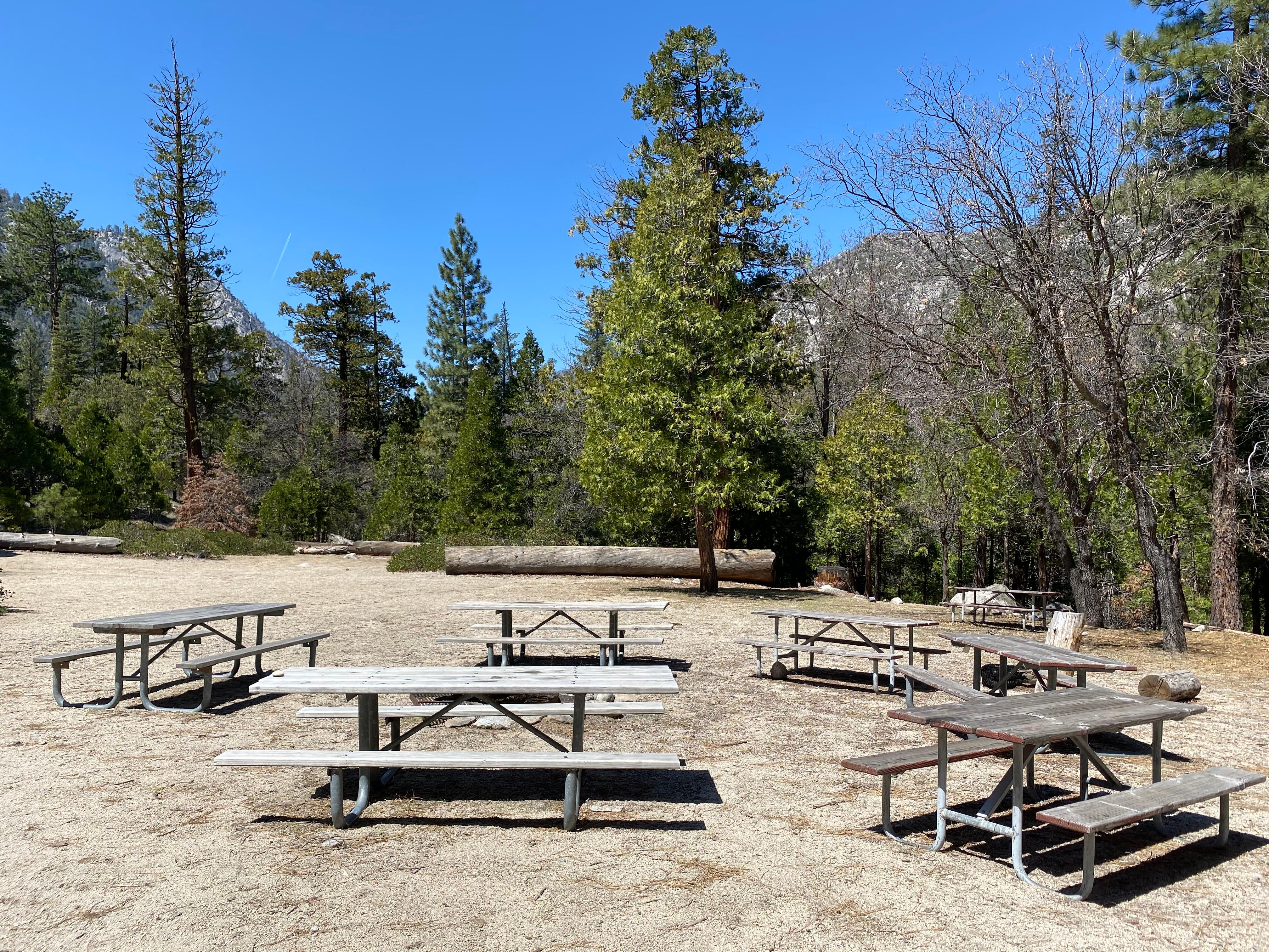 A group site at Canyon View Campground features several picnic tables in a circle.