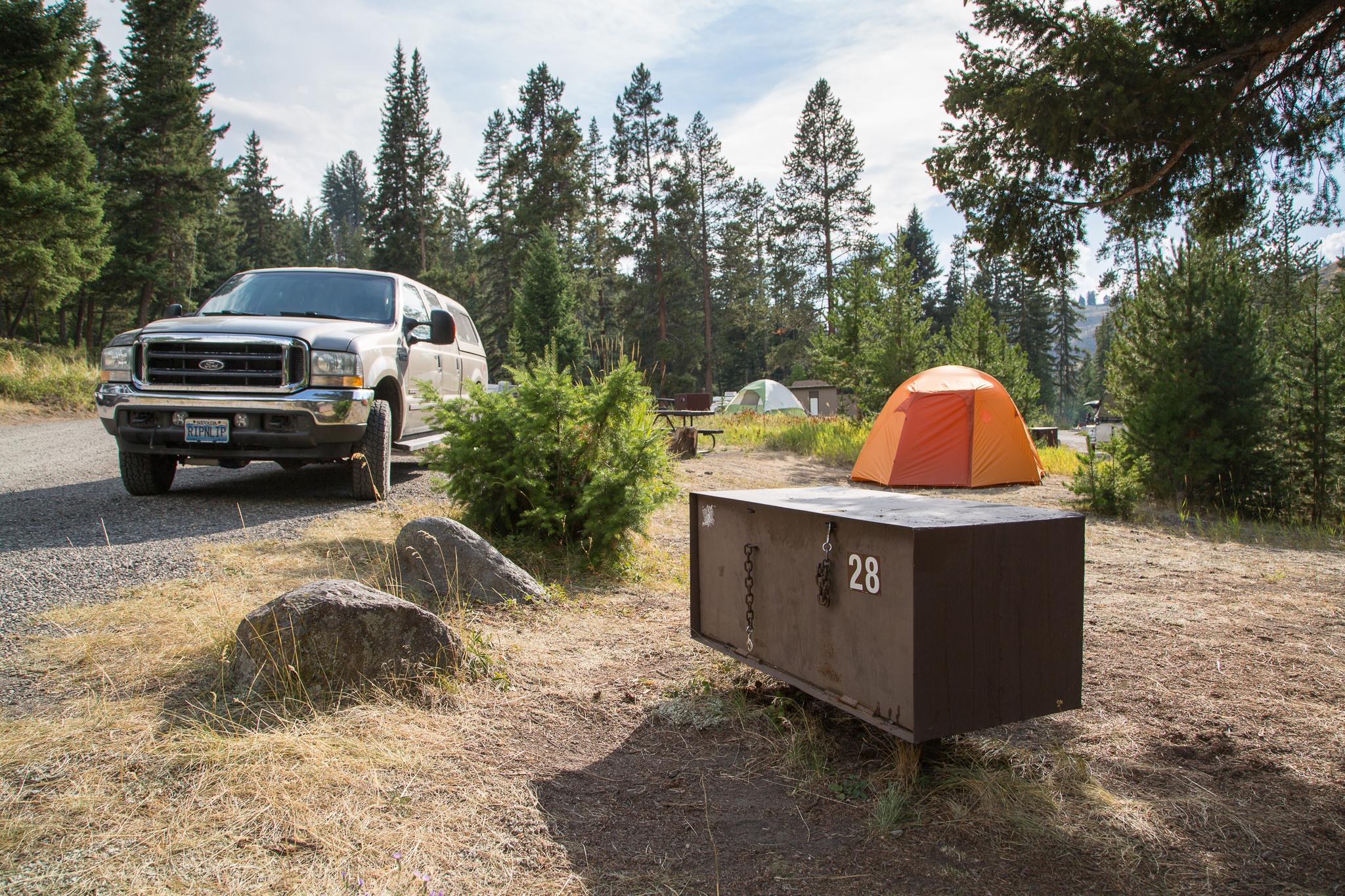 Campsite with bear proof food storage at Tower Fall Campground
