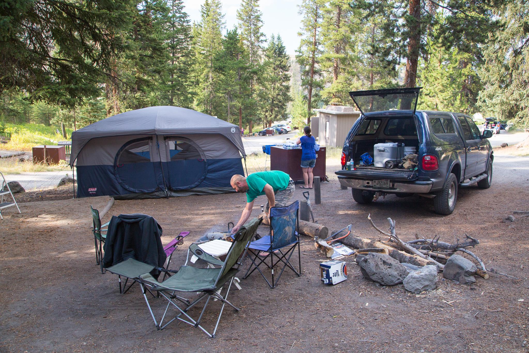 Setting up camp in the Tower Fall Campground