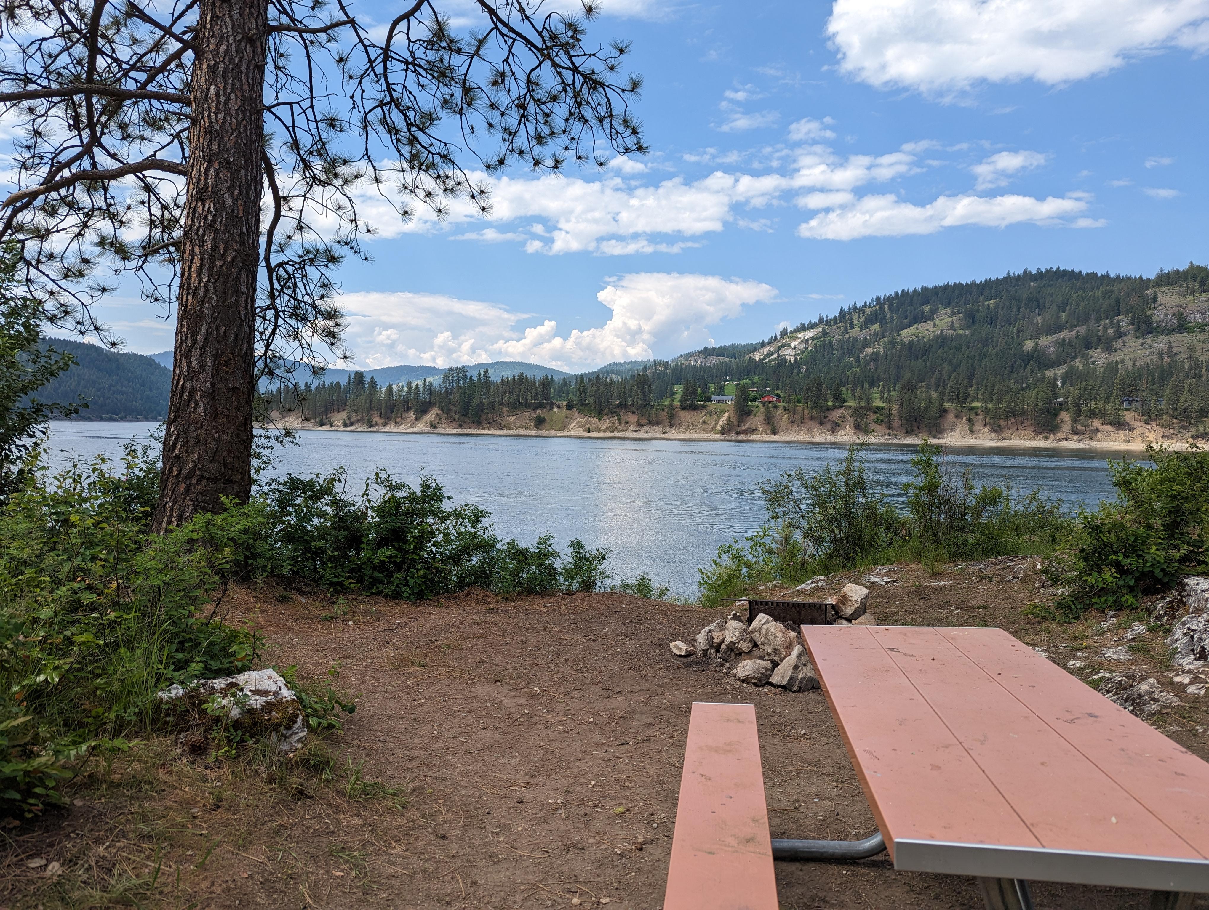 A forested campsite with picnic table and fire pit, lake in background