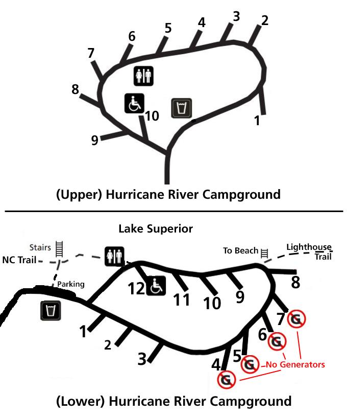 Map of Hurricane River campground showing site numbers, vault toilets, and water.