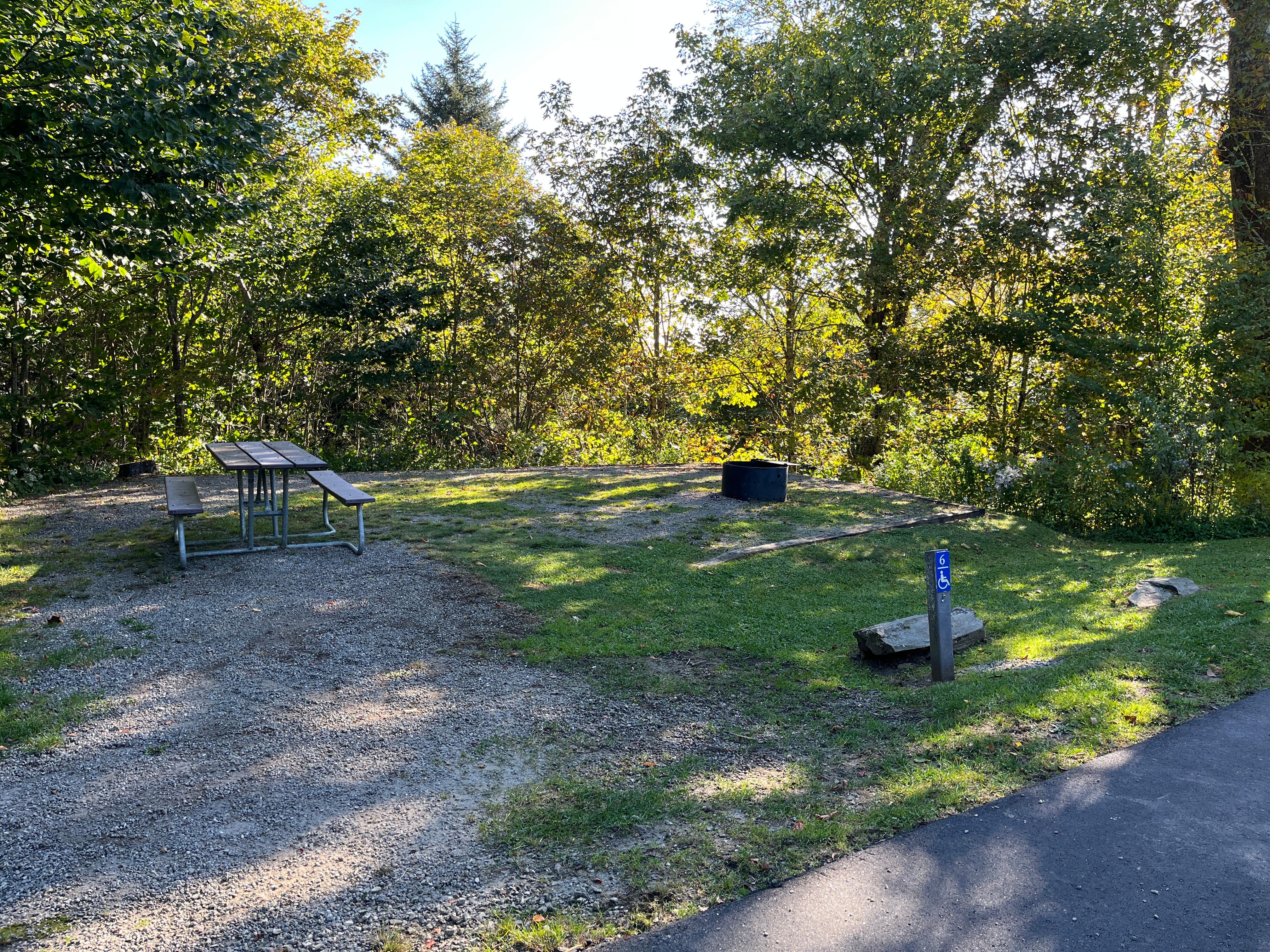 A wheelchair accessible campsite with a picnic table, fire ring, and tent pad near grass and trees.