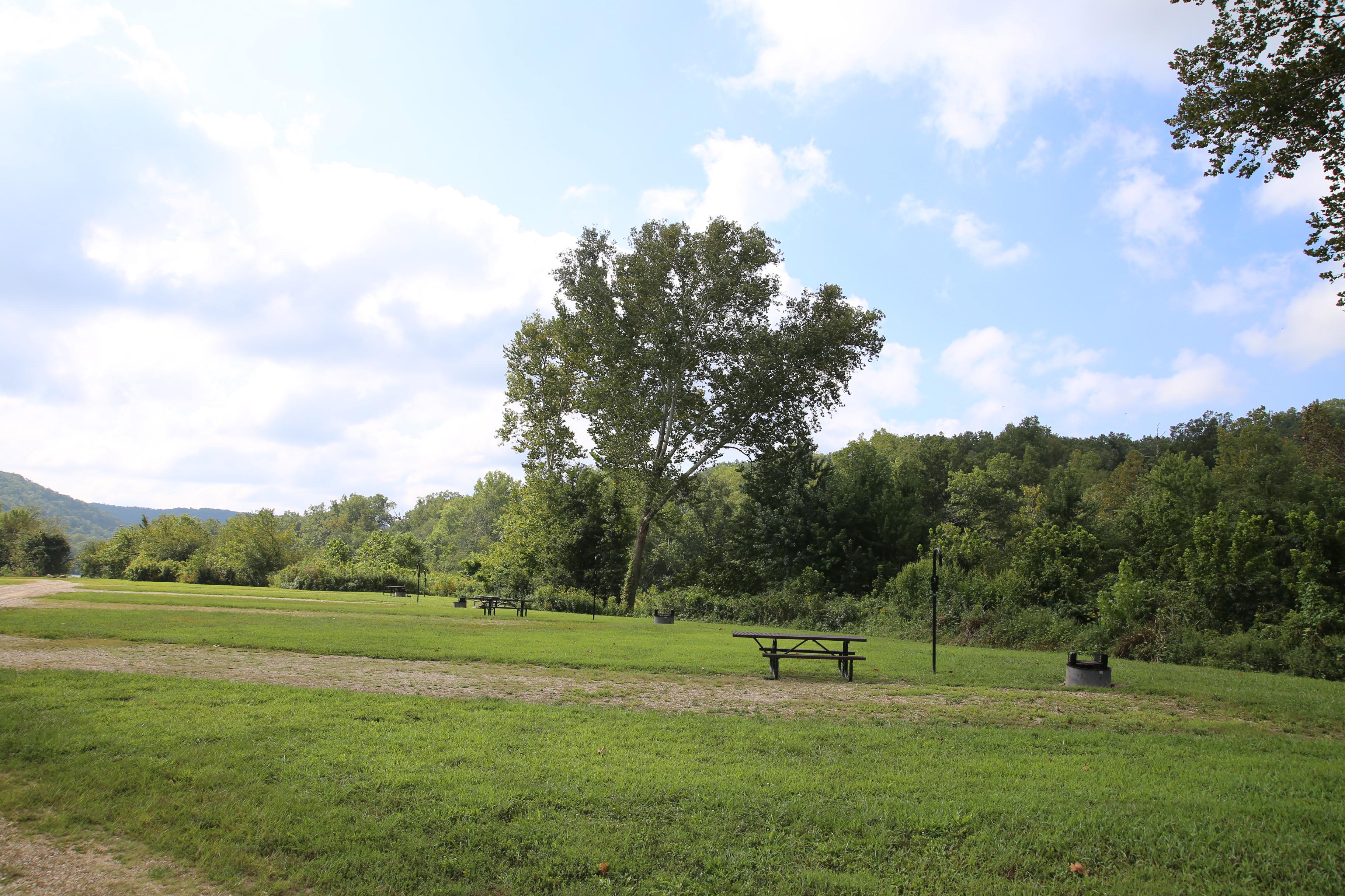 A campsite with a picnic table, fire ring, and lantern post.