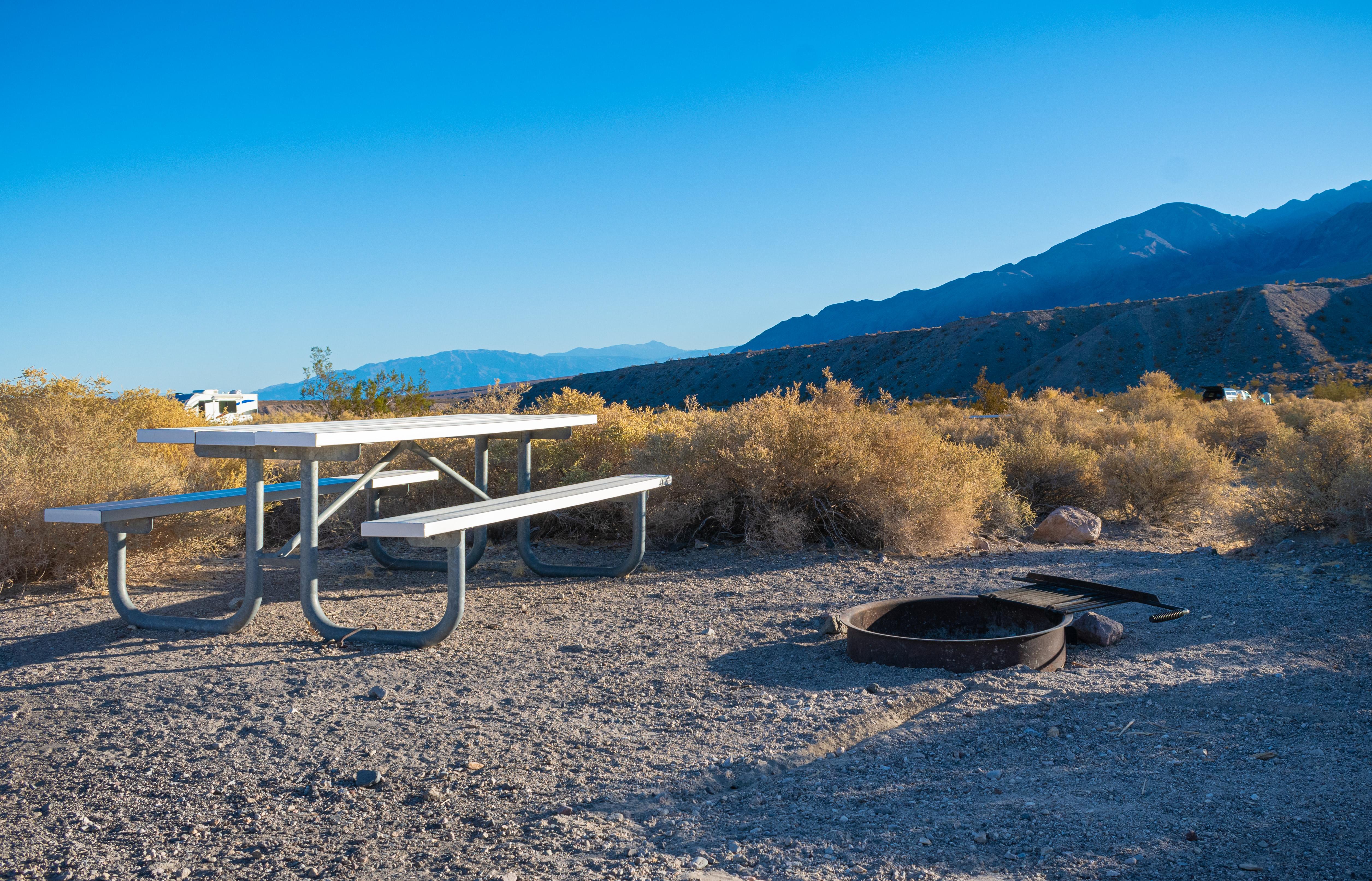 Flat dirt & gravel clearing surrounded by small brown bushes has metal picnic table & fire ring.