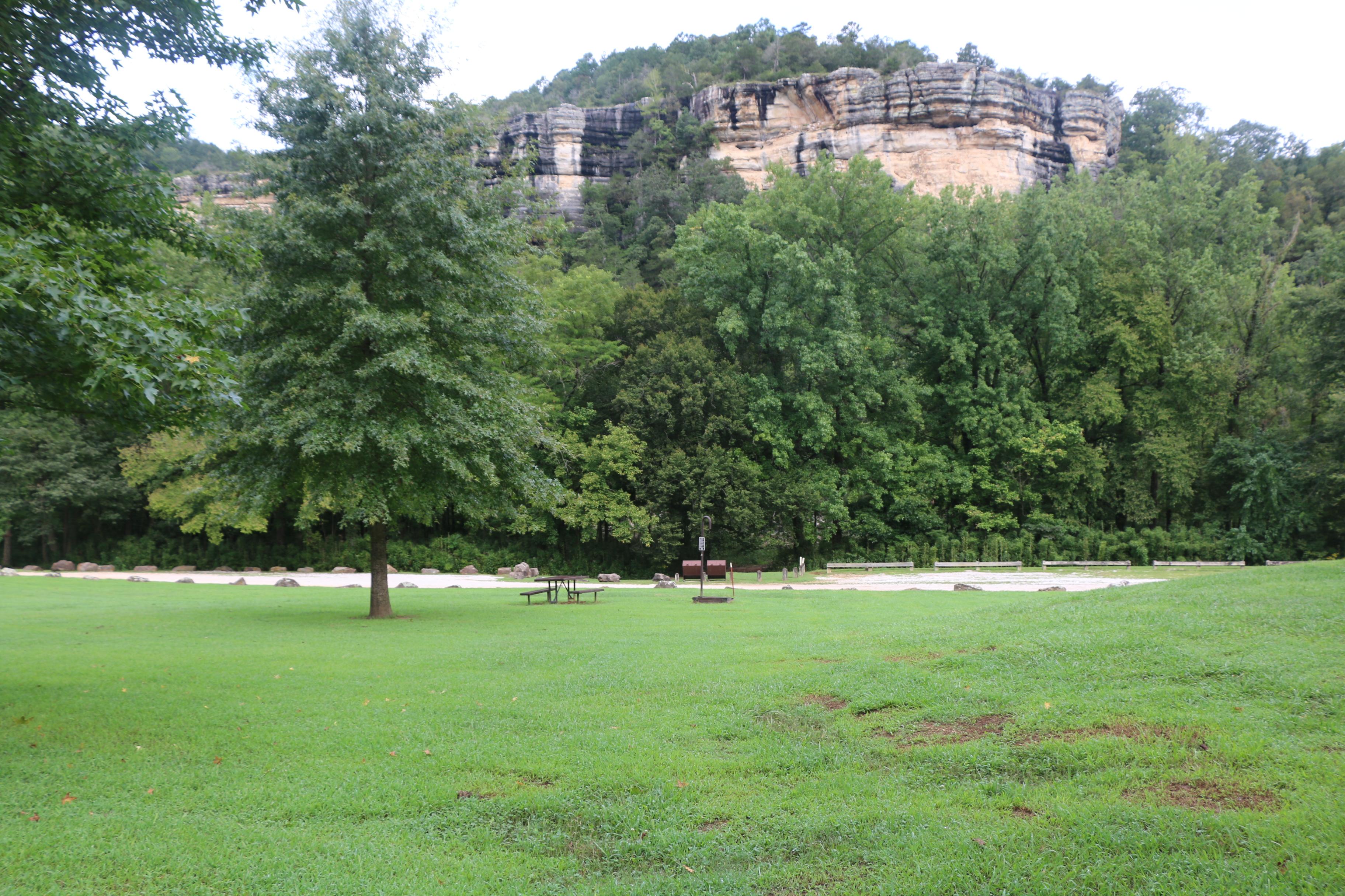 Bluff and trees sit behind Kyle's Landing Campground