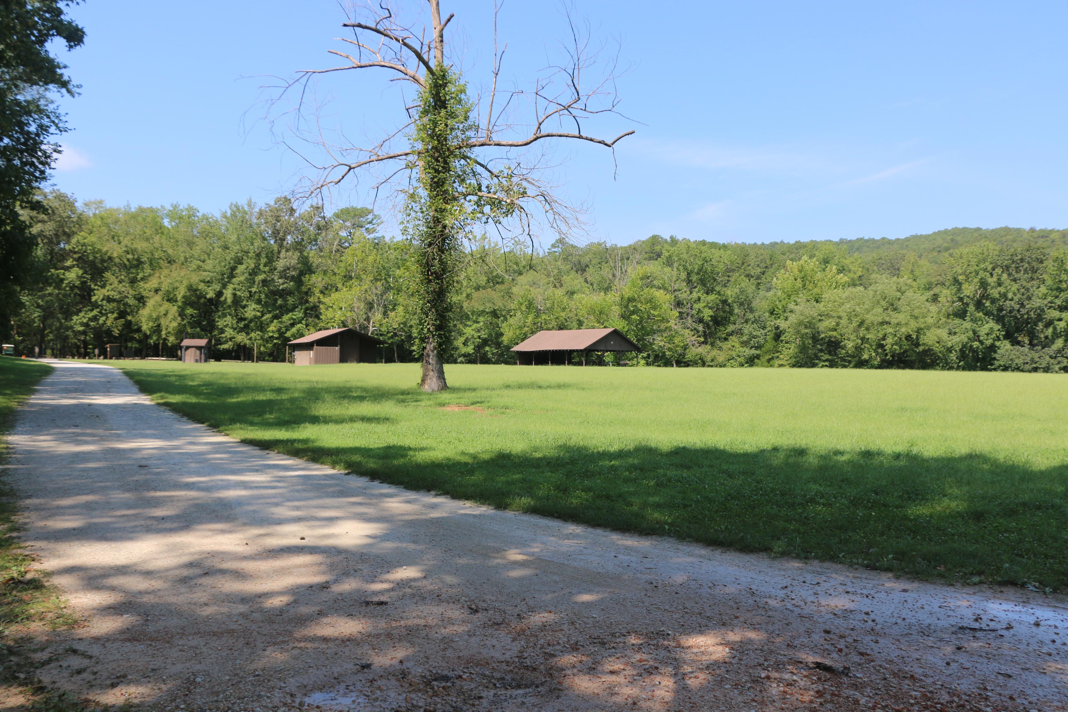 A large grassy field with restroom and pavilion in the background.