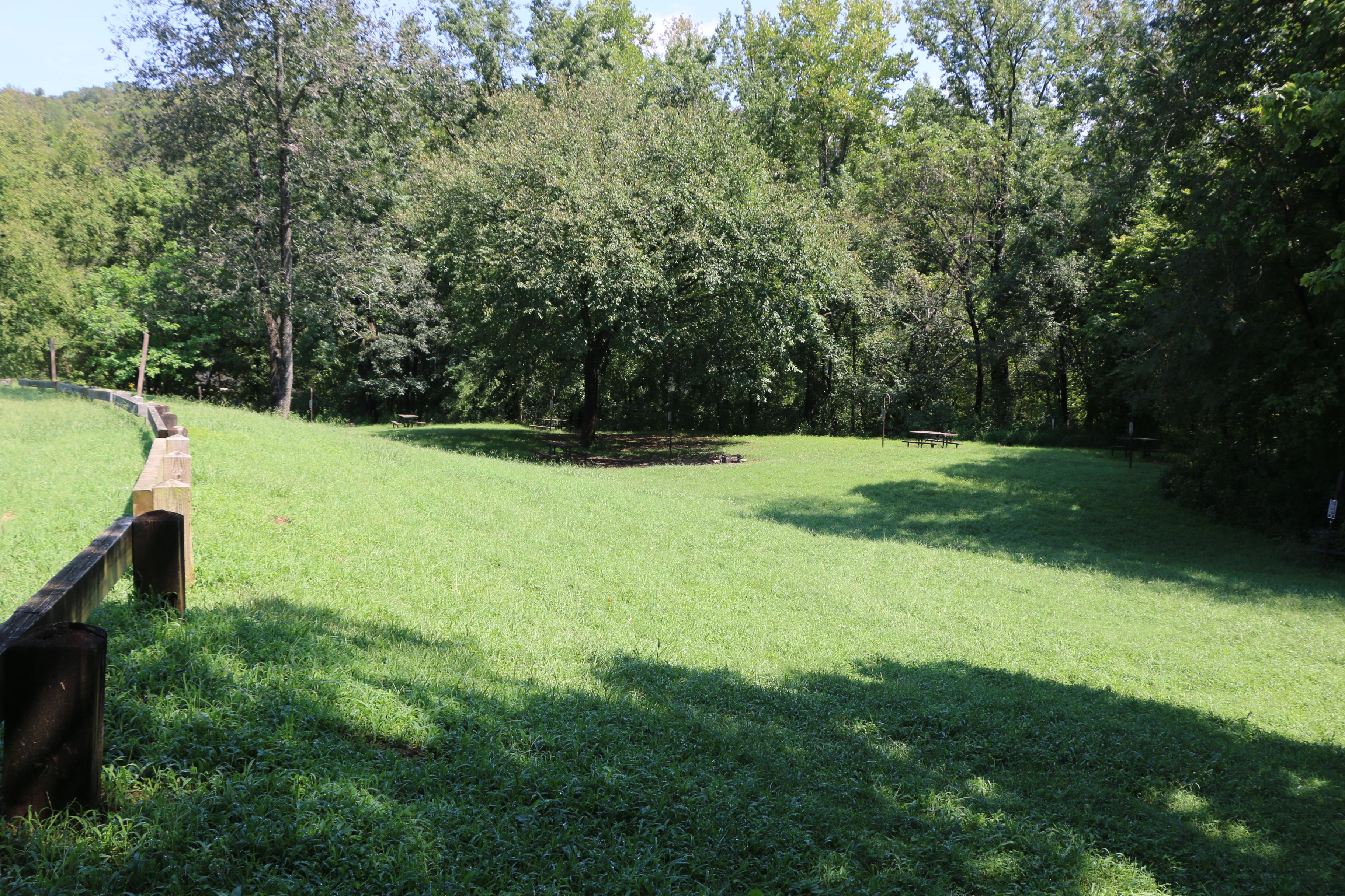Several campsites in the distance sit in a grassy field with a mix of sun and shade.