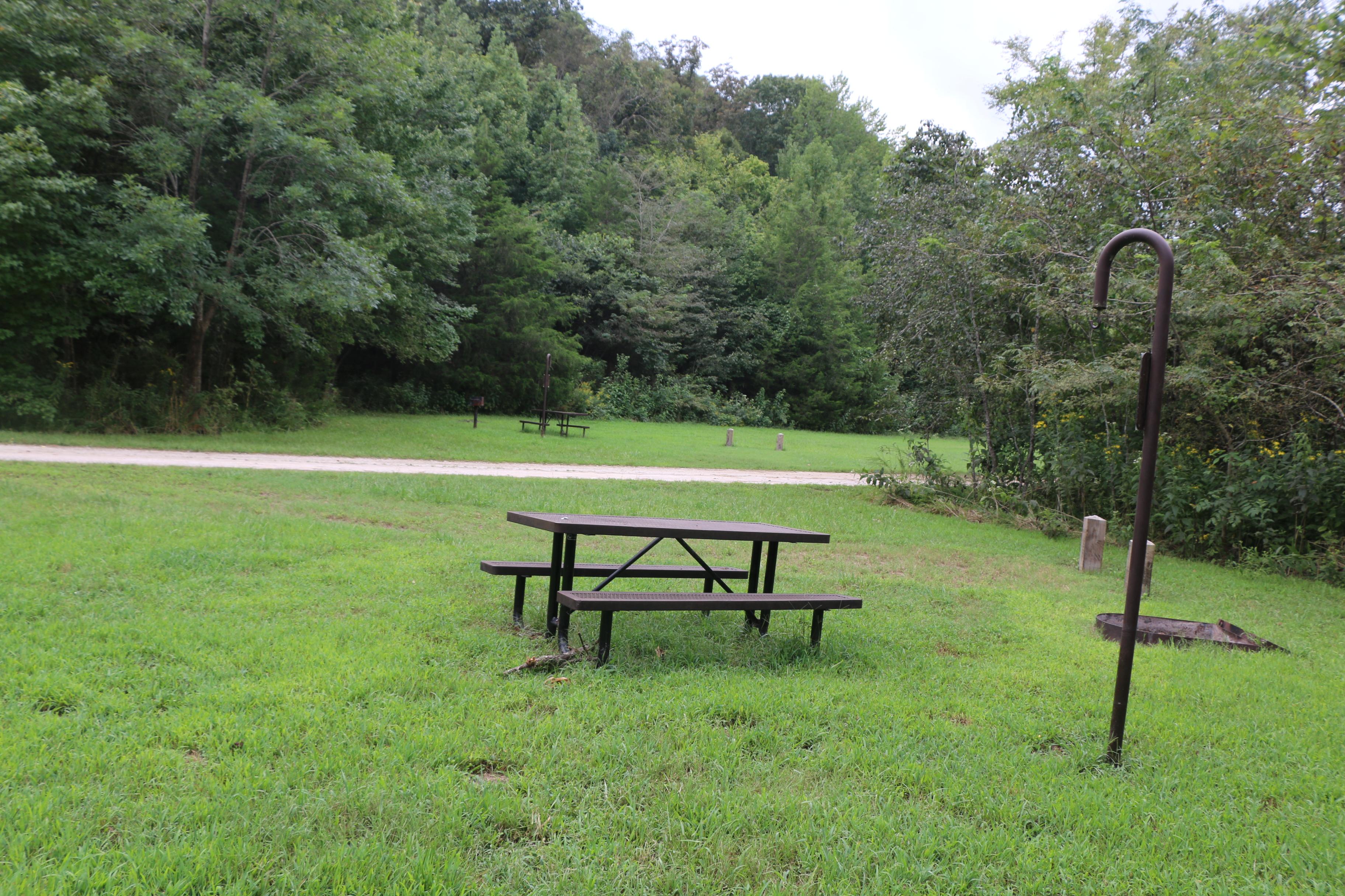 A picnic table and fire ring at an open camp site at Erbie Campground.