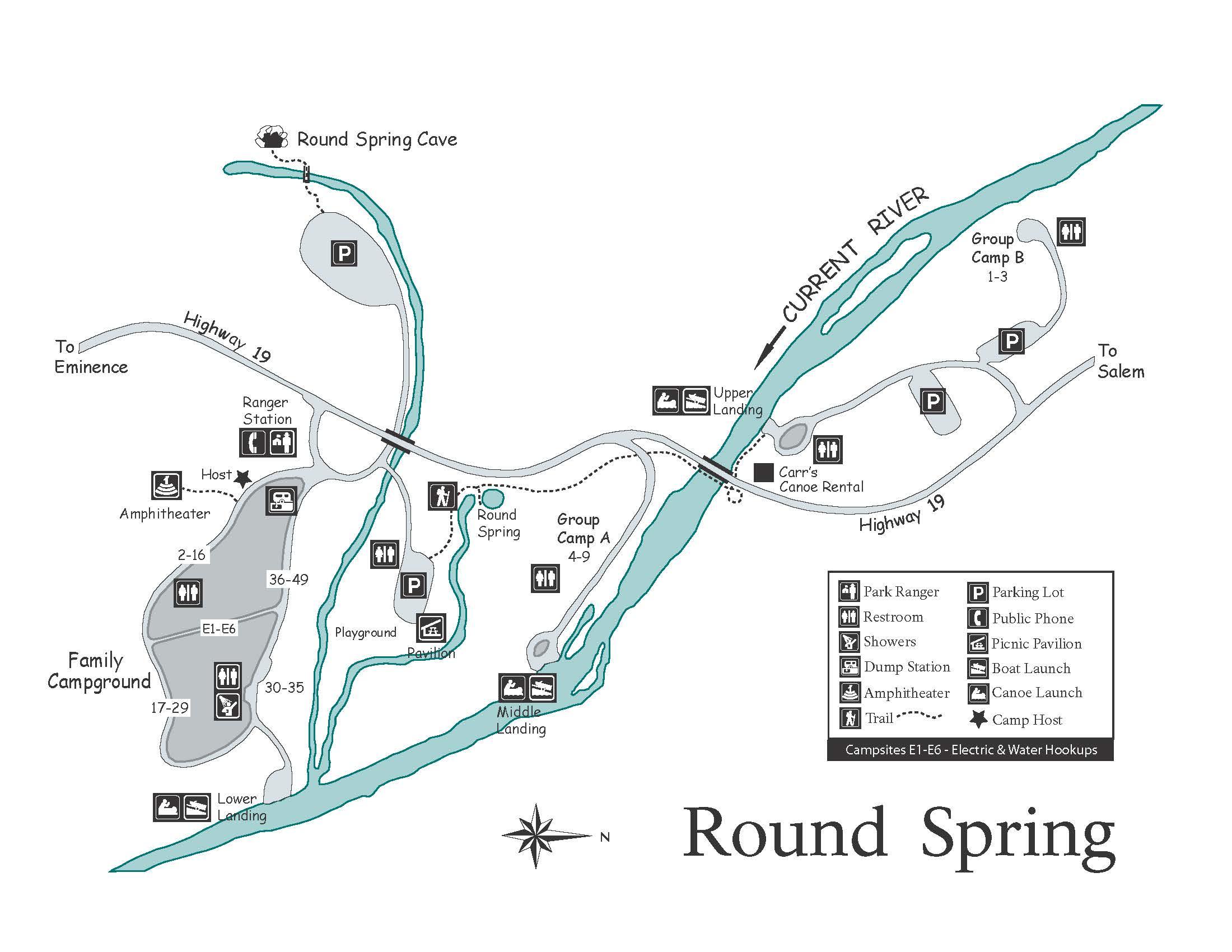 a map showing campsites, restrooms, river access, camp host, ranger station and roads