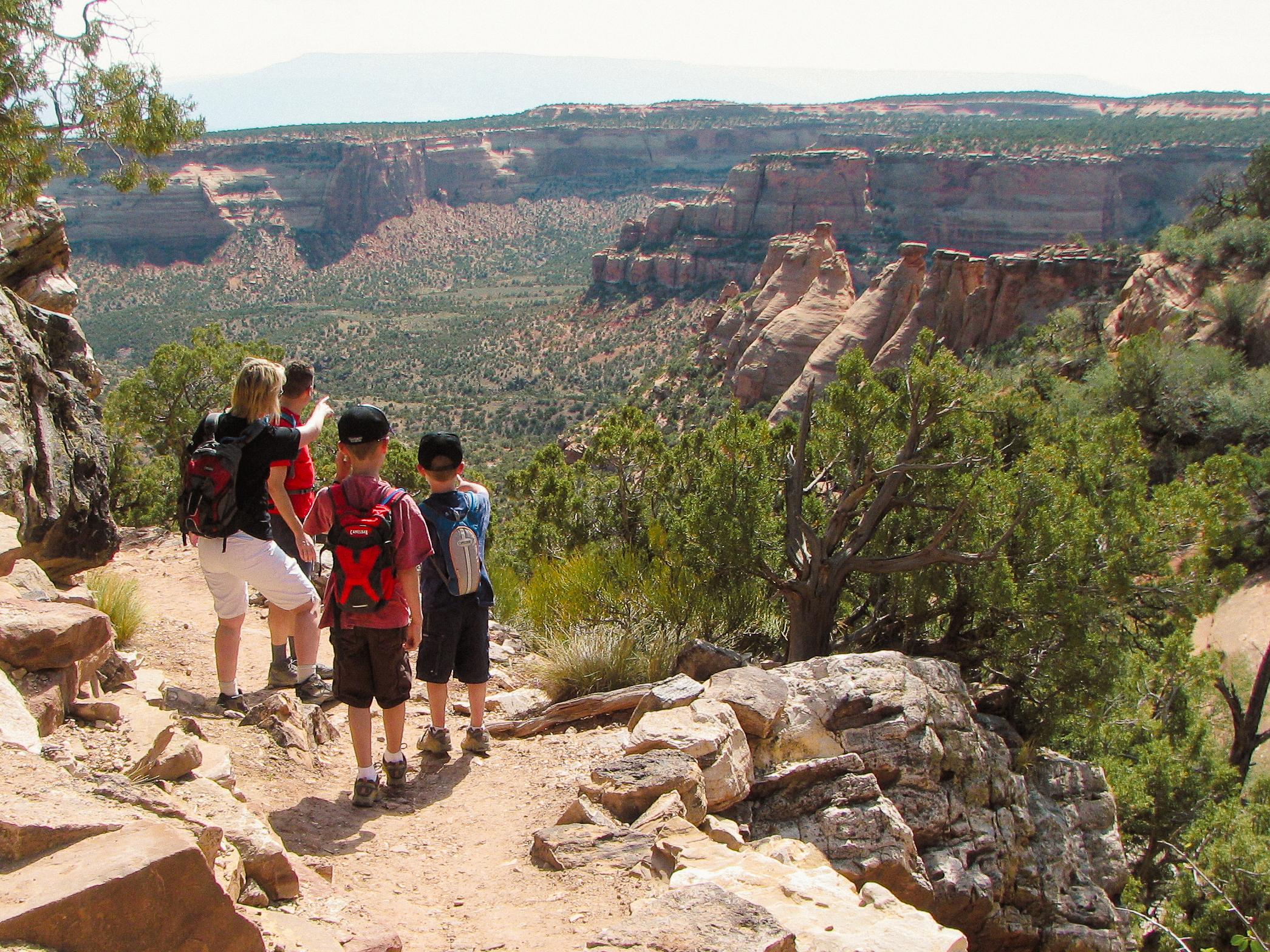 Family of four stands on trail looking out towards wide canyons blanketed in green, framed by cliffs