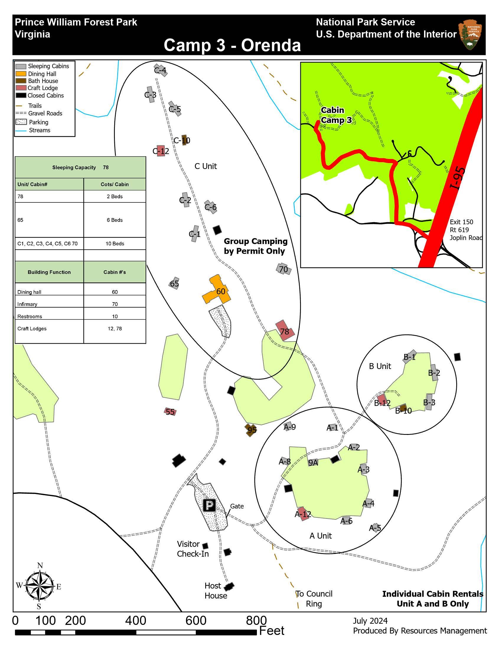 Map of Cabin Camp 3 showing the cabin units, parking, and directions to the camp