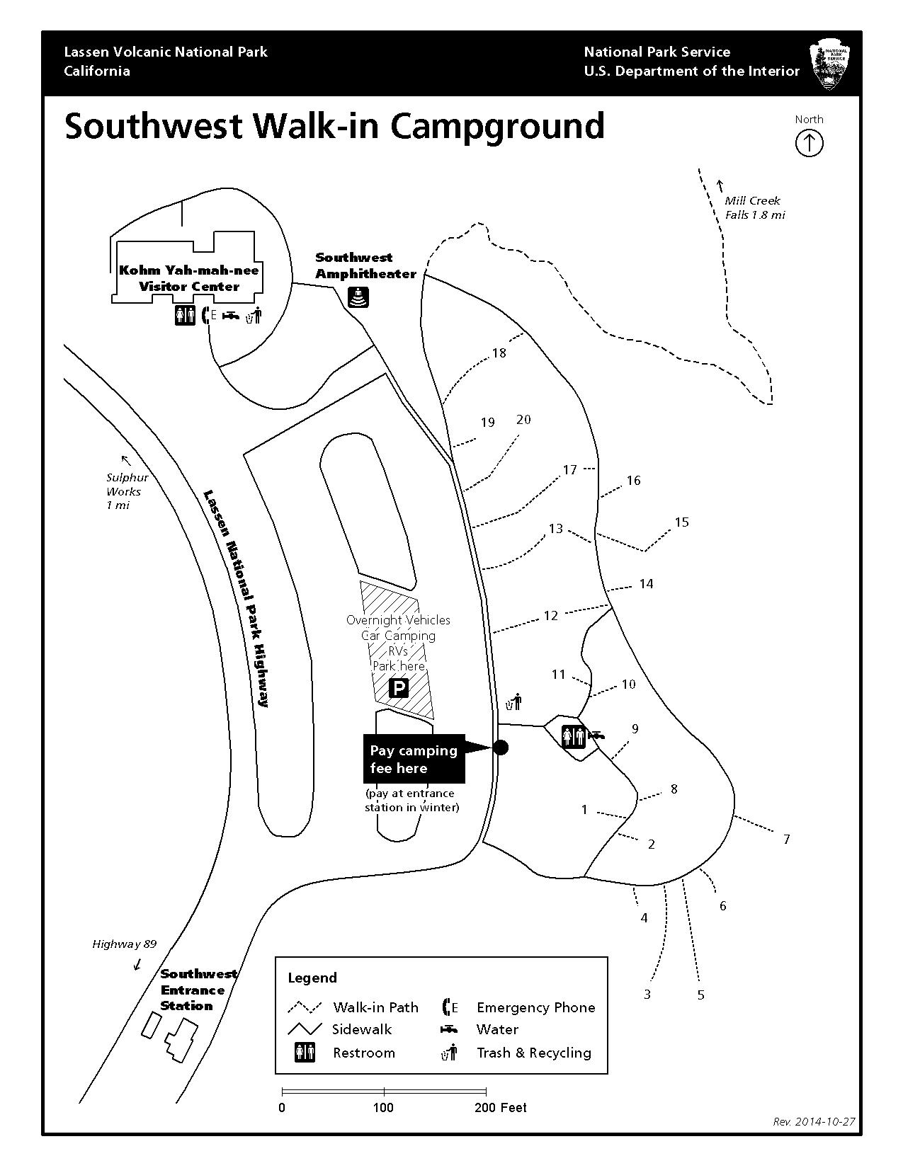 A map of the campground indicating sites of a walkway to the right of a large parking area.