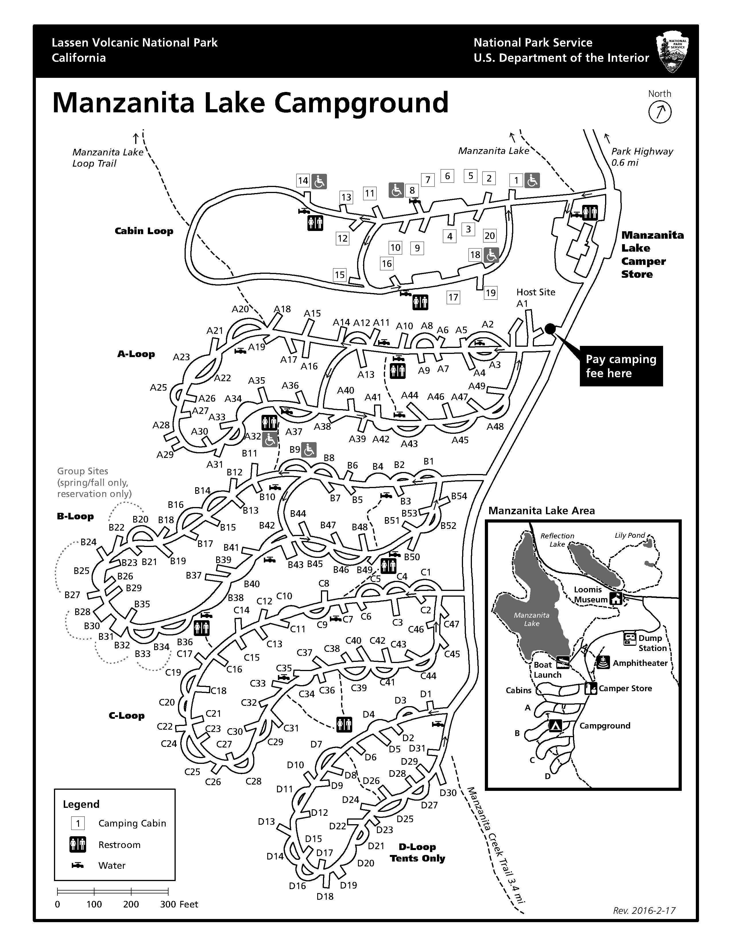 A map of a campground showing five loops connected by a road to the right.