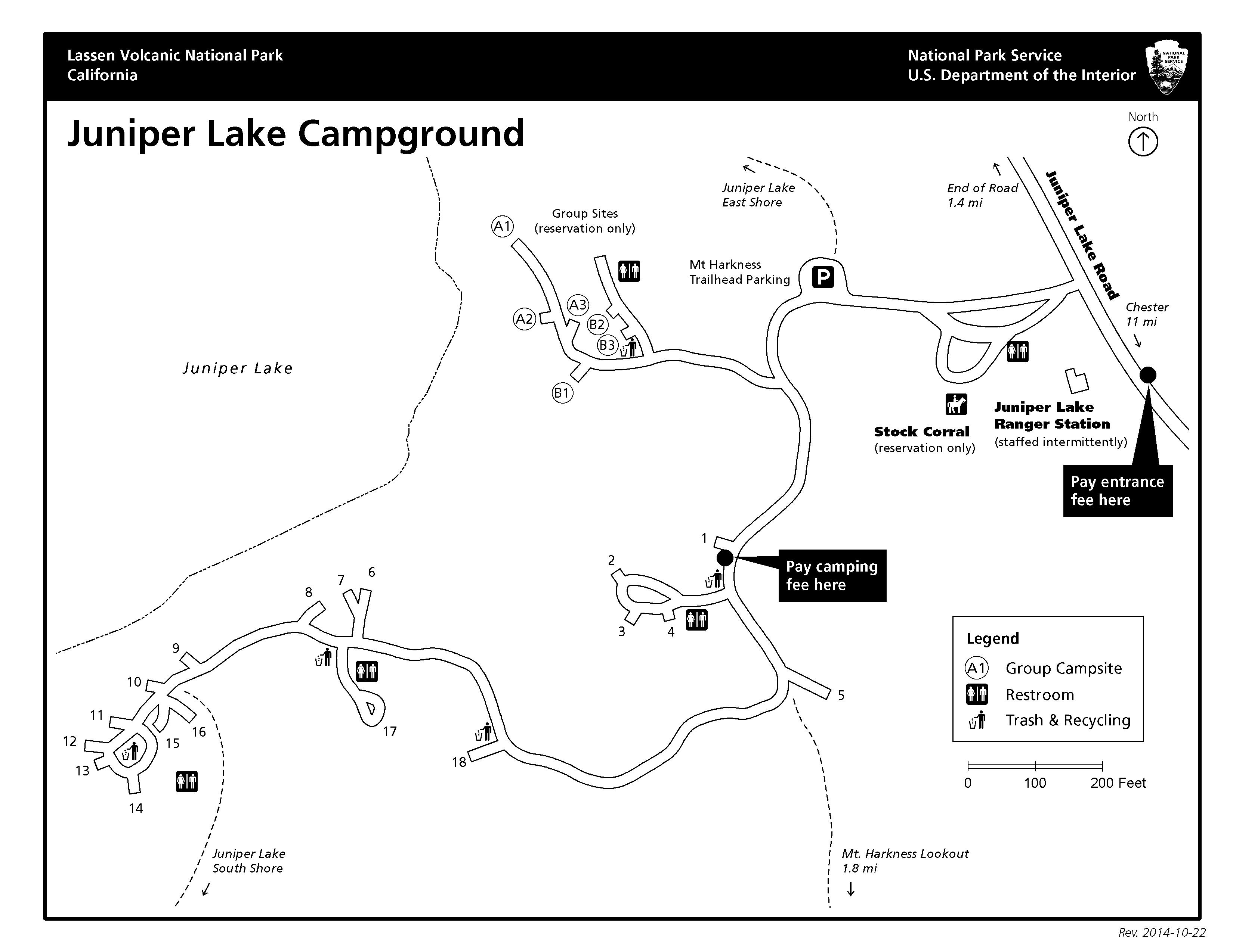 A map of the campground indicating sites branching off a single road.